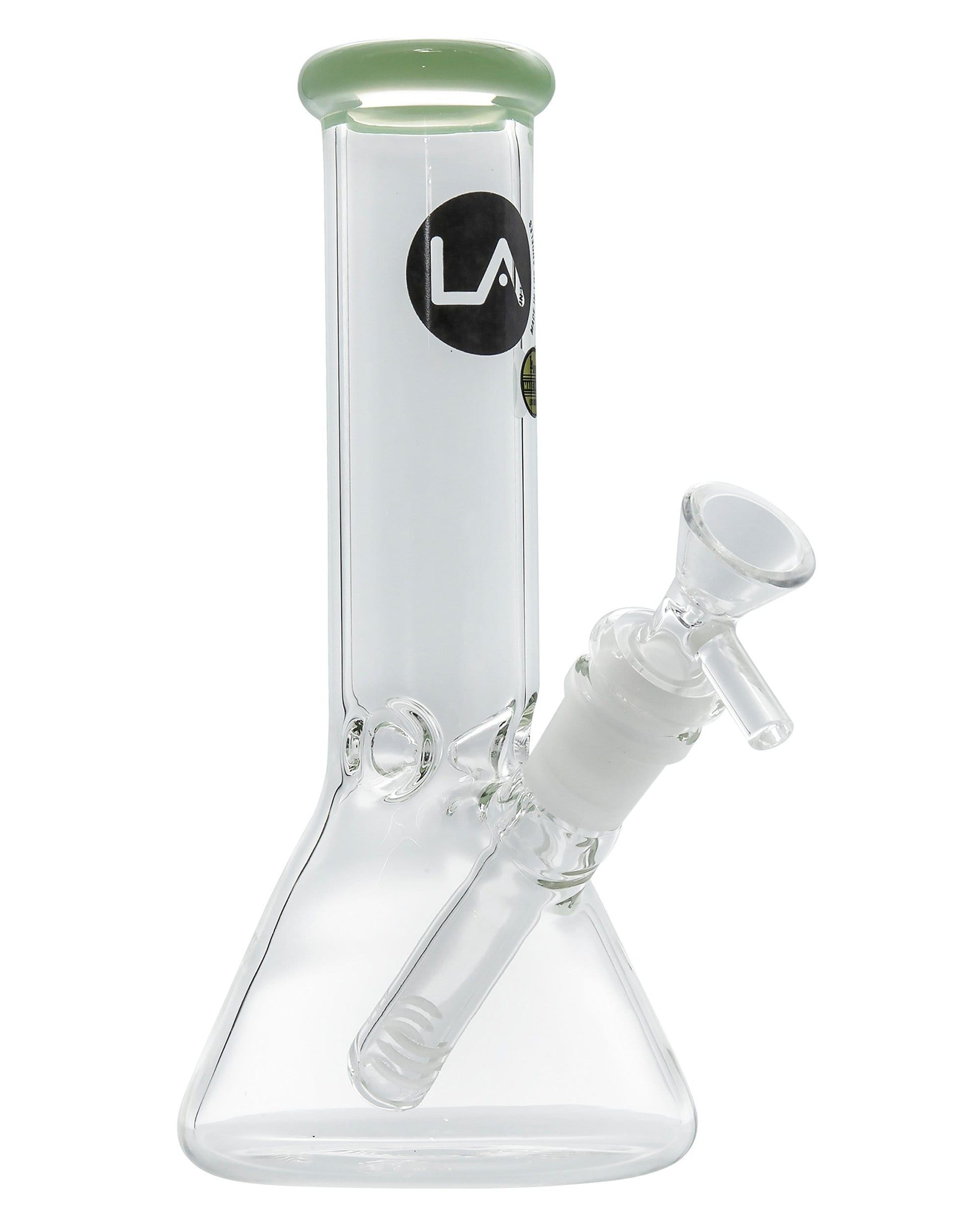 Front view of the Color Accented Mini Beaker Bong, a clear glass piece with a simple, compact design.