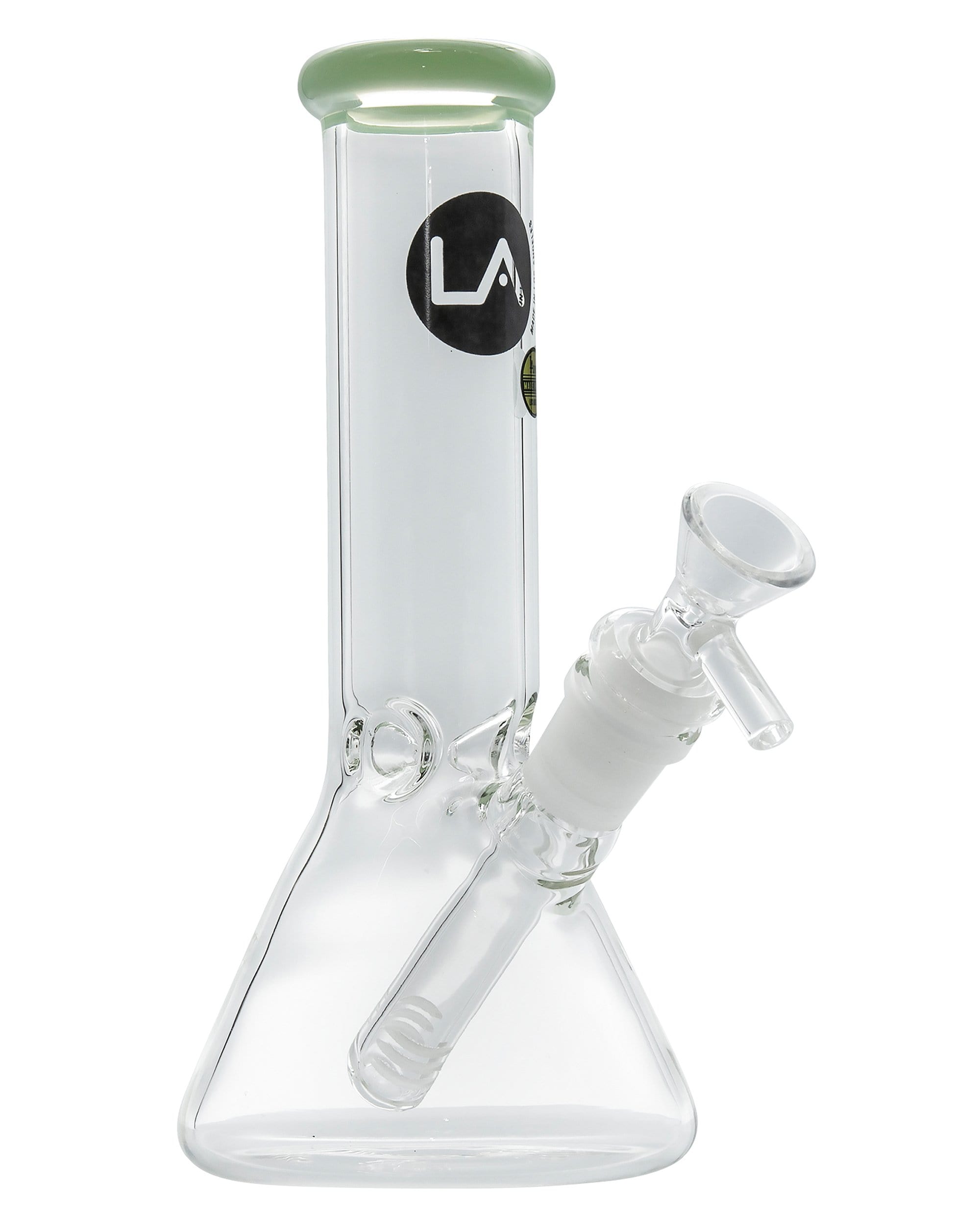 Front view of the Color Accented Mini Beaker Bong, a clear glass piece with a simple, compact design.