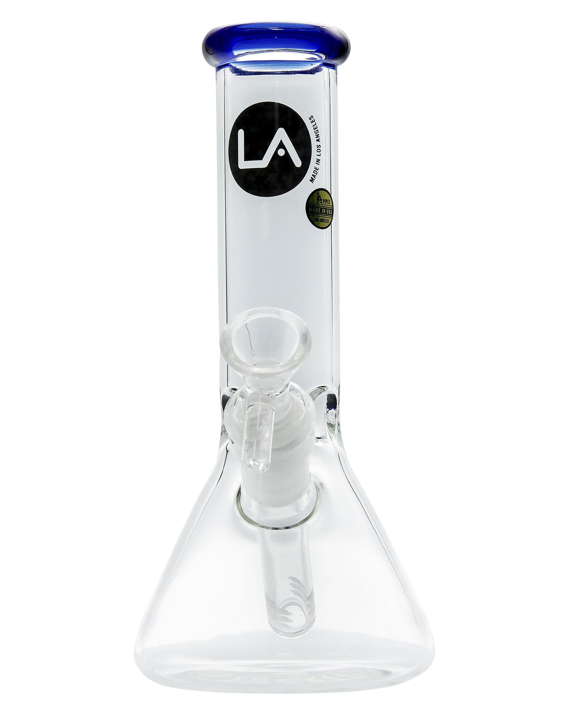 A studio shot of the Color Accented Mini Beaker Bong, showing its clear glass construction and subtle color accents.