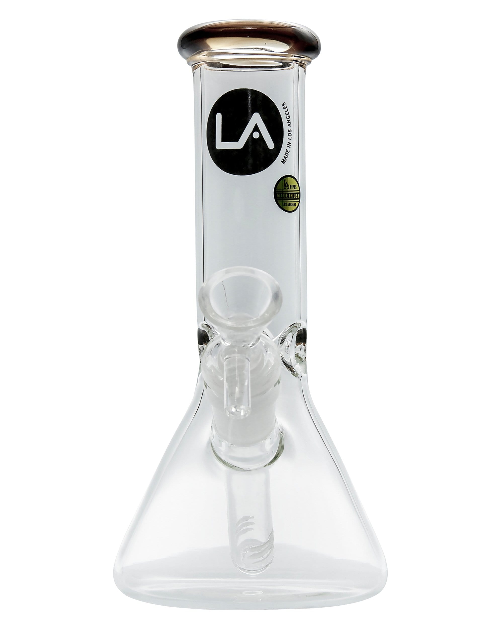 A studio shot of the Color Accented Mini Beaker Bong, featuring a clear glass construction and a visible logo.