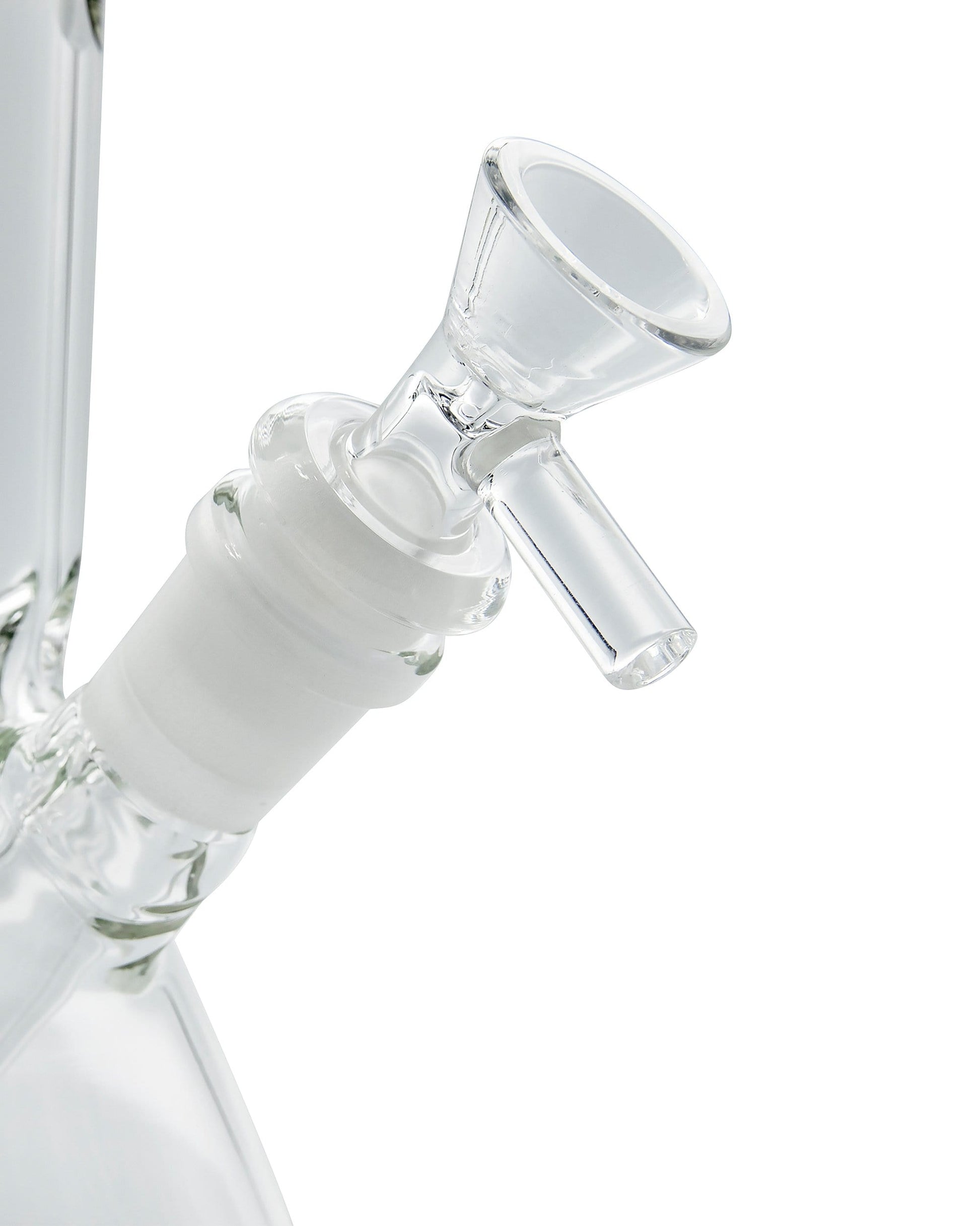 Close-up view of the Color Accented Mini Beaker Bong’s joint, showcasing the clear glass construction and angled design.