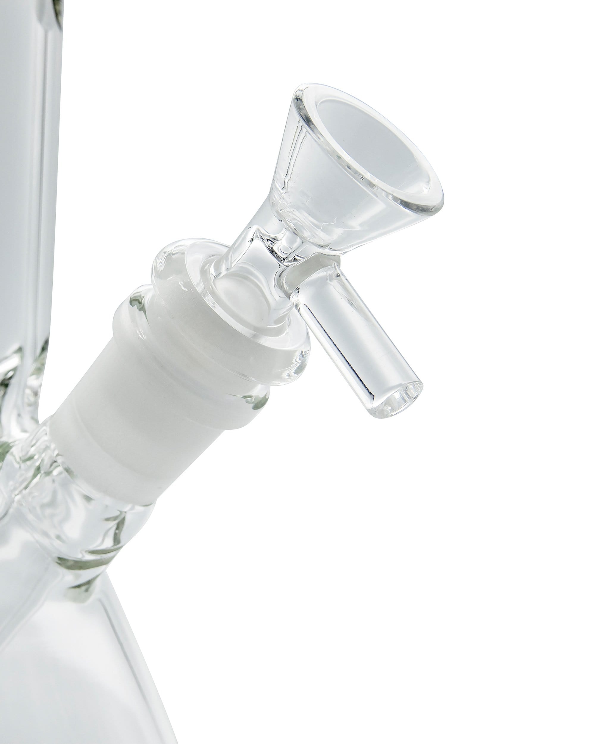 Close-up view of the Color Accented Mini Beaker Bong’s joint, showcasing the clear glass construction and angled design.