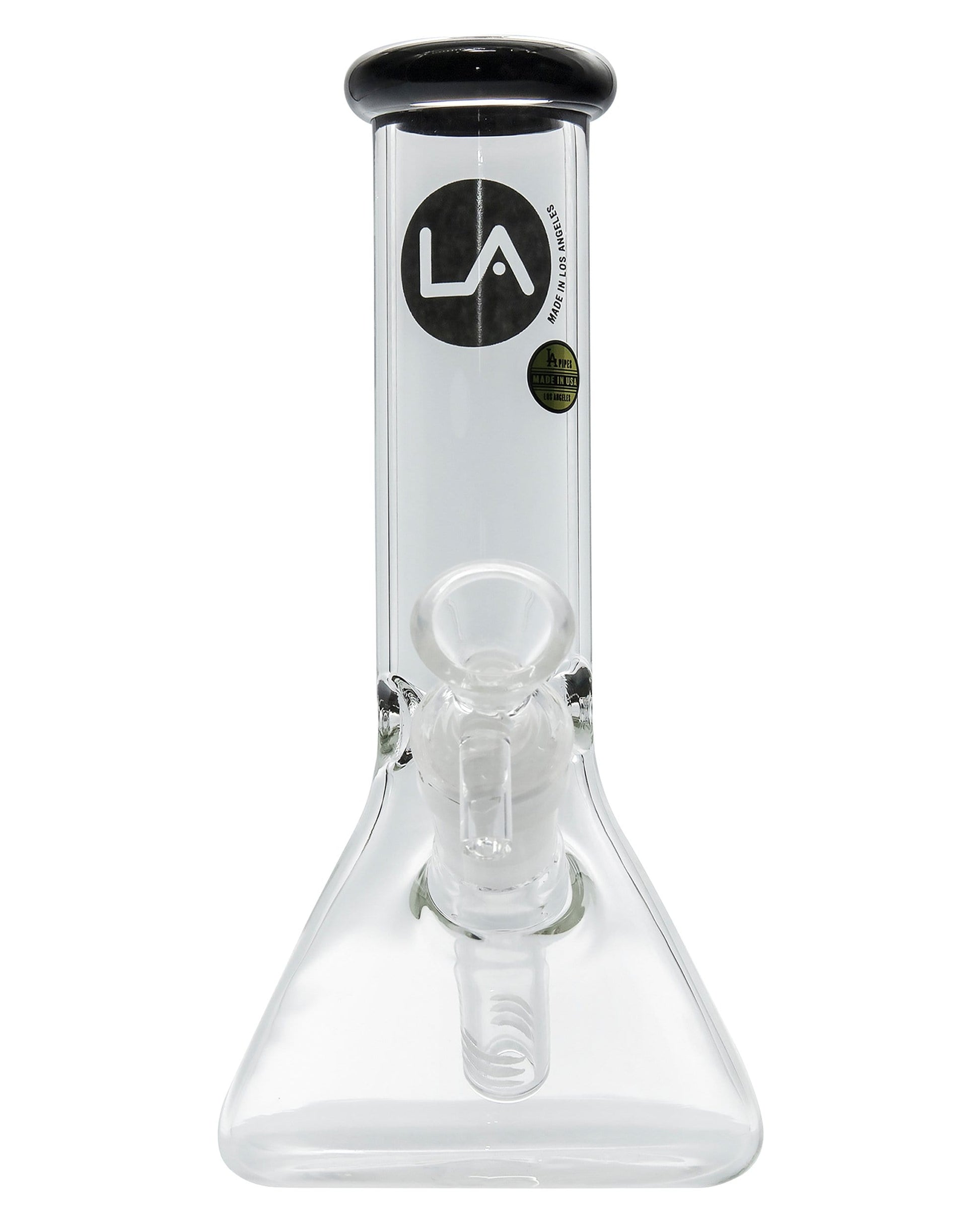 A front view of the Color Accented Mini Beaker Bong, showing a clear glass beaker with a subtly colored accent near the mouthpiece.
