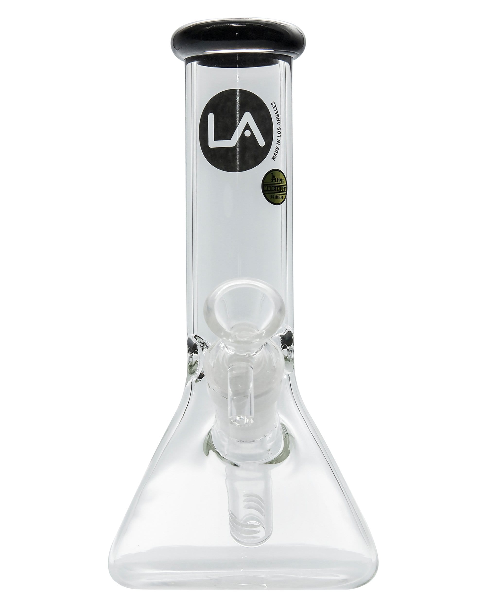 A front view of the Color Accented Mini Beaker Bong, showing a clear glass beaker with a subtly colored accent near the mouthpiece.