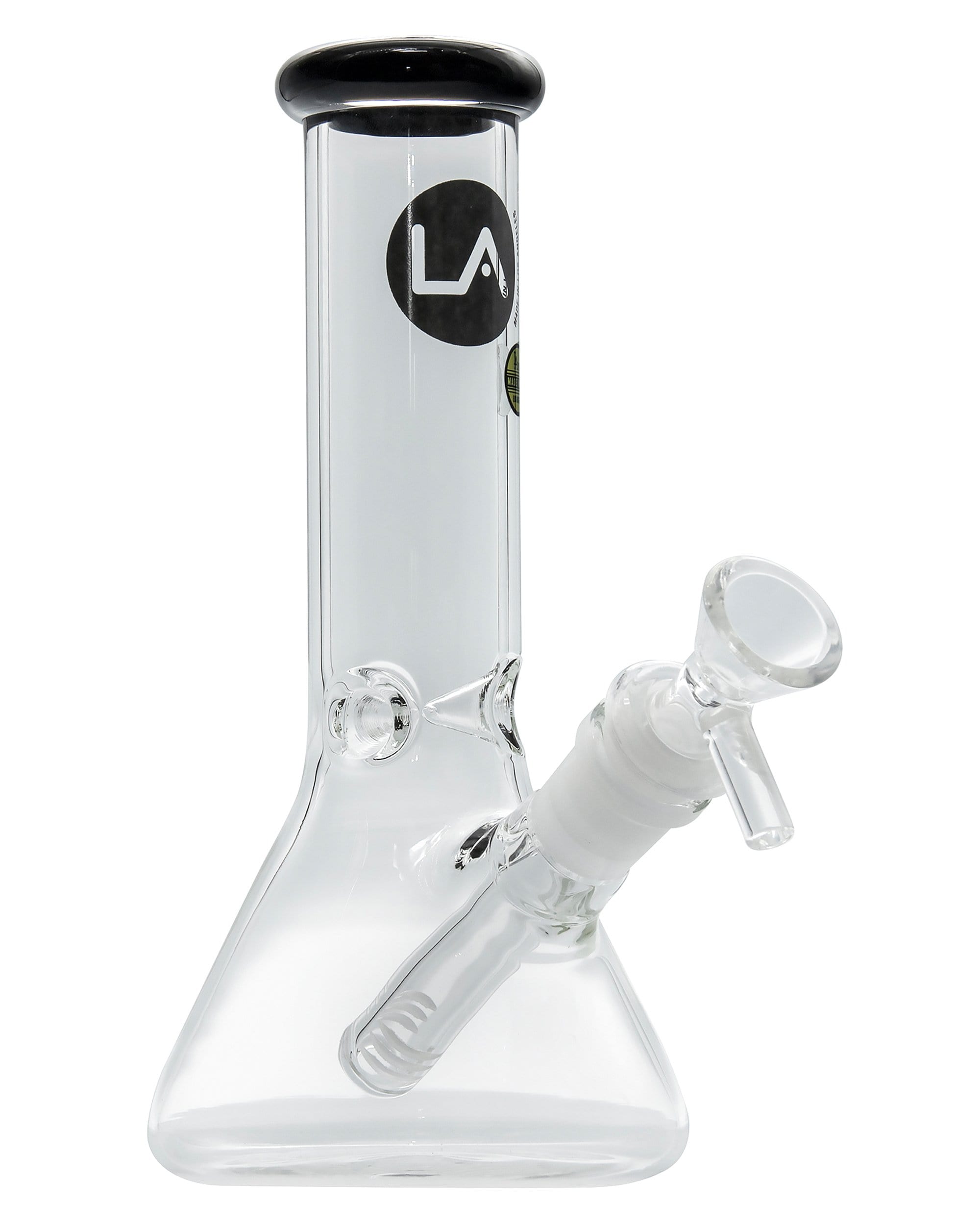 Front view of the Color Accented Mini Beaker Bong, featuring a clear glass construction with a dark rim and simple cylindrical form.