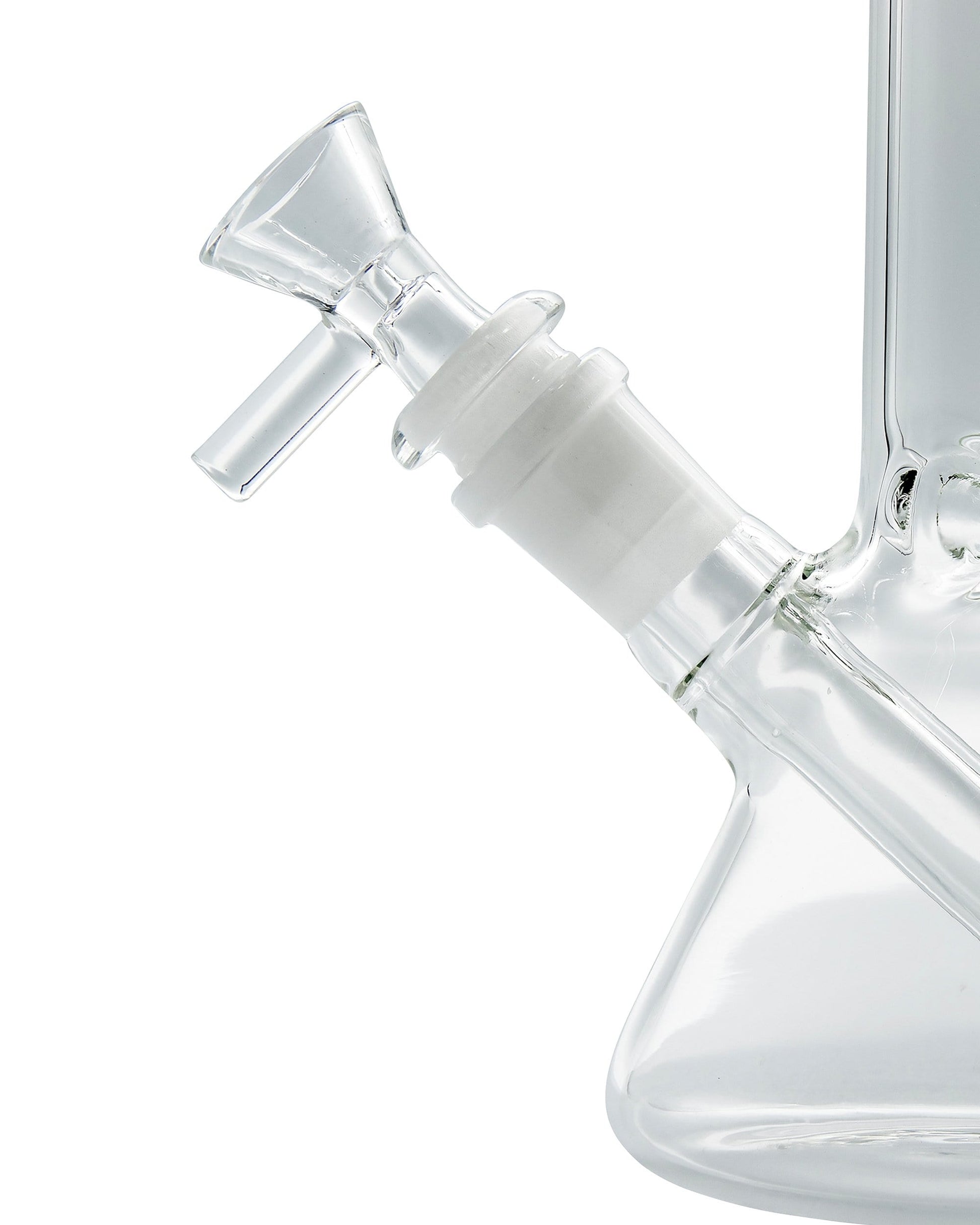 A close-up, angled view of the Color Accented Mini Beaker Bong’s clear glass joint and beaker shape.