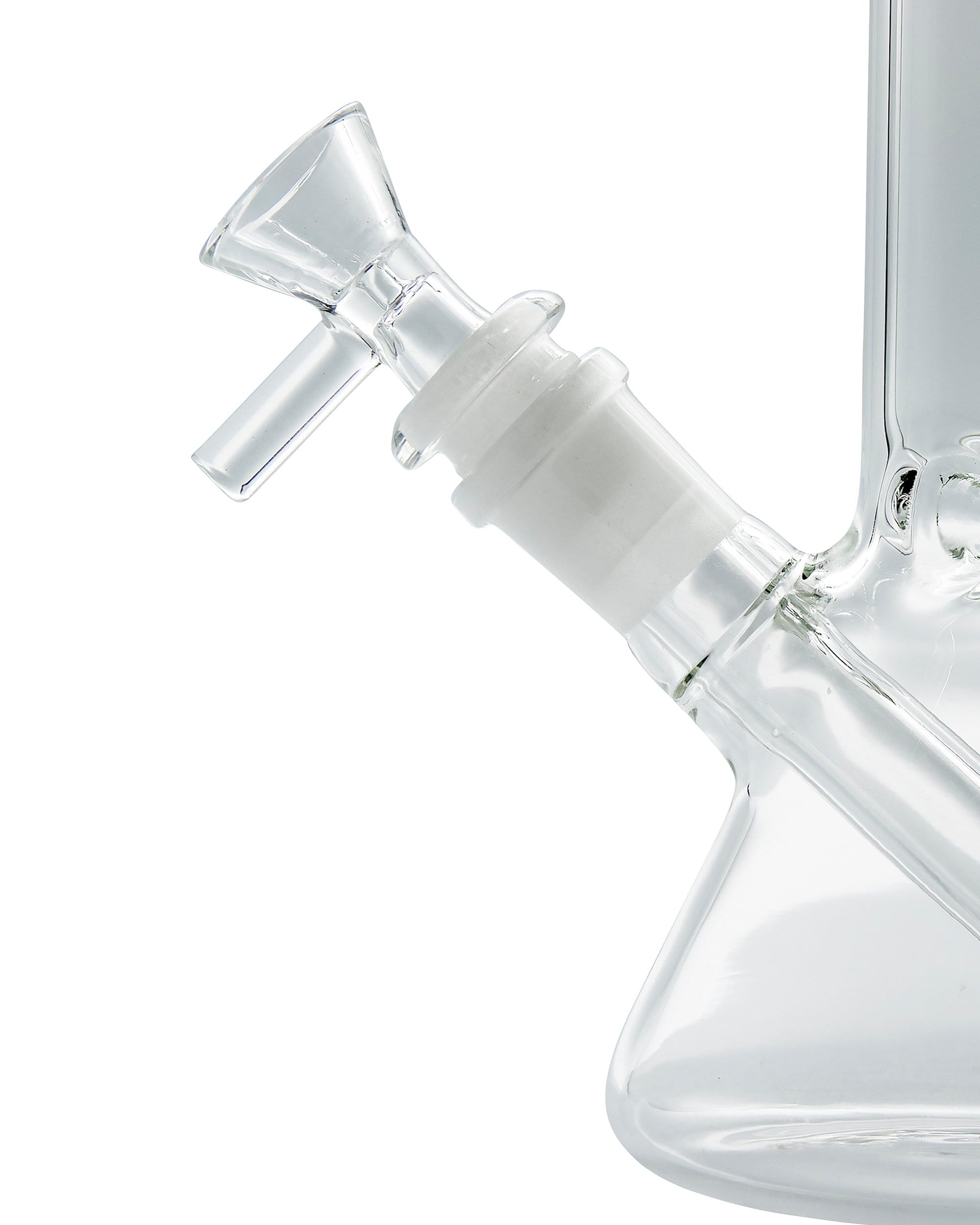 A close-up, angled view of the Color Accented Mini Beaker Bong’s clear glass joint and beaker shape.