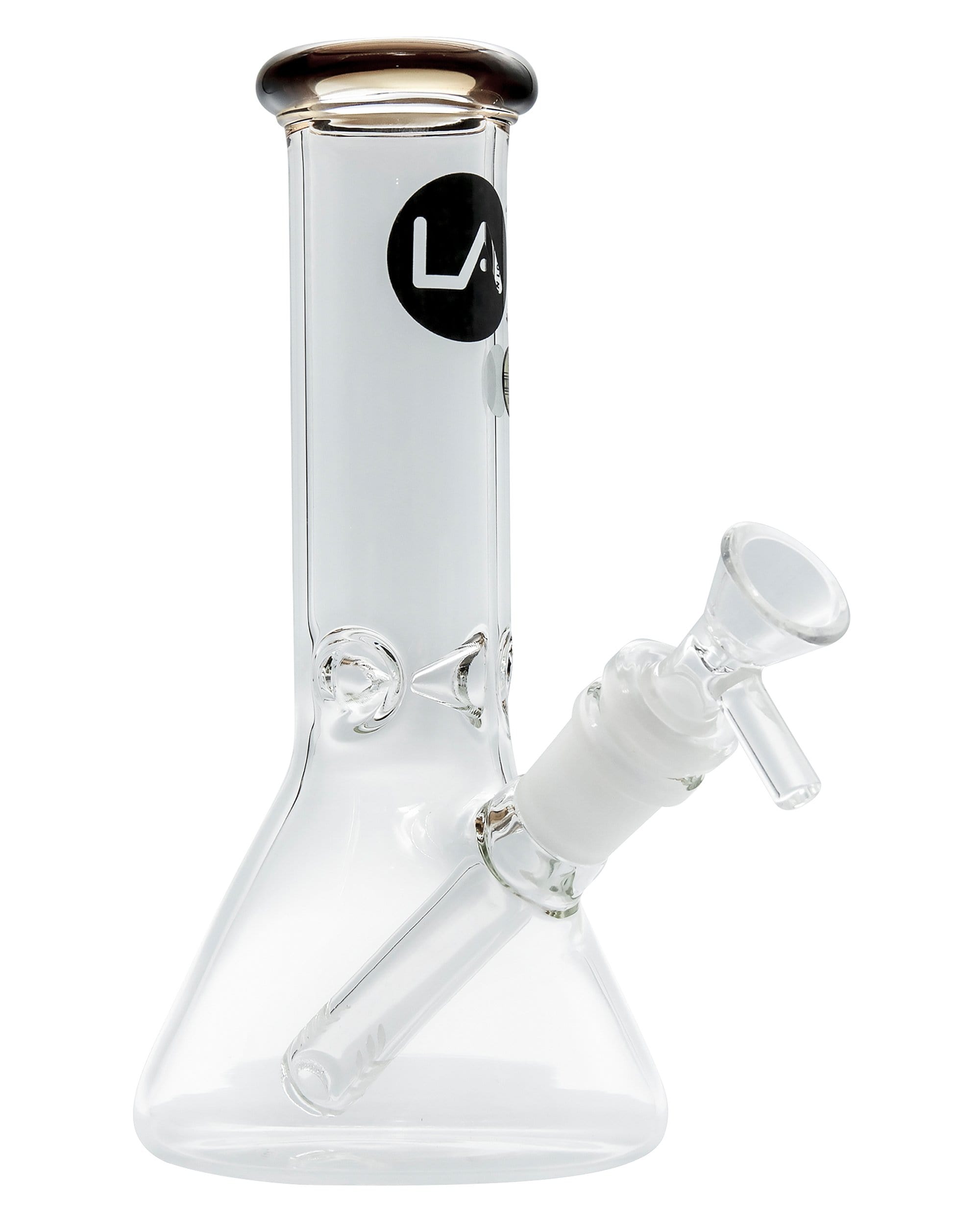 Front view of the Color Accented Mini Beaker Bong, displaying a clear glass design with a subtly tinted accent rim.