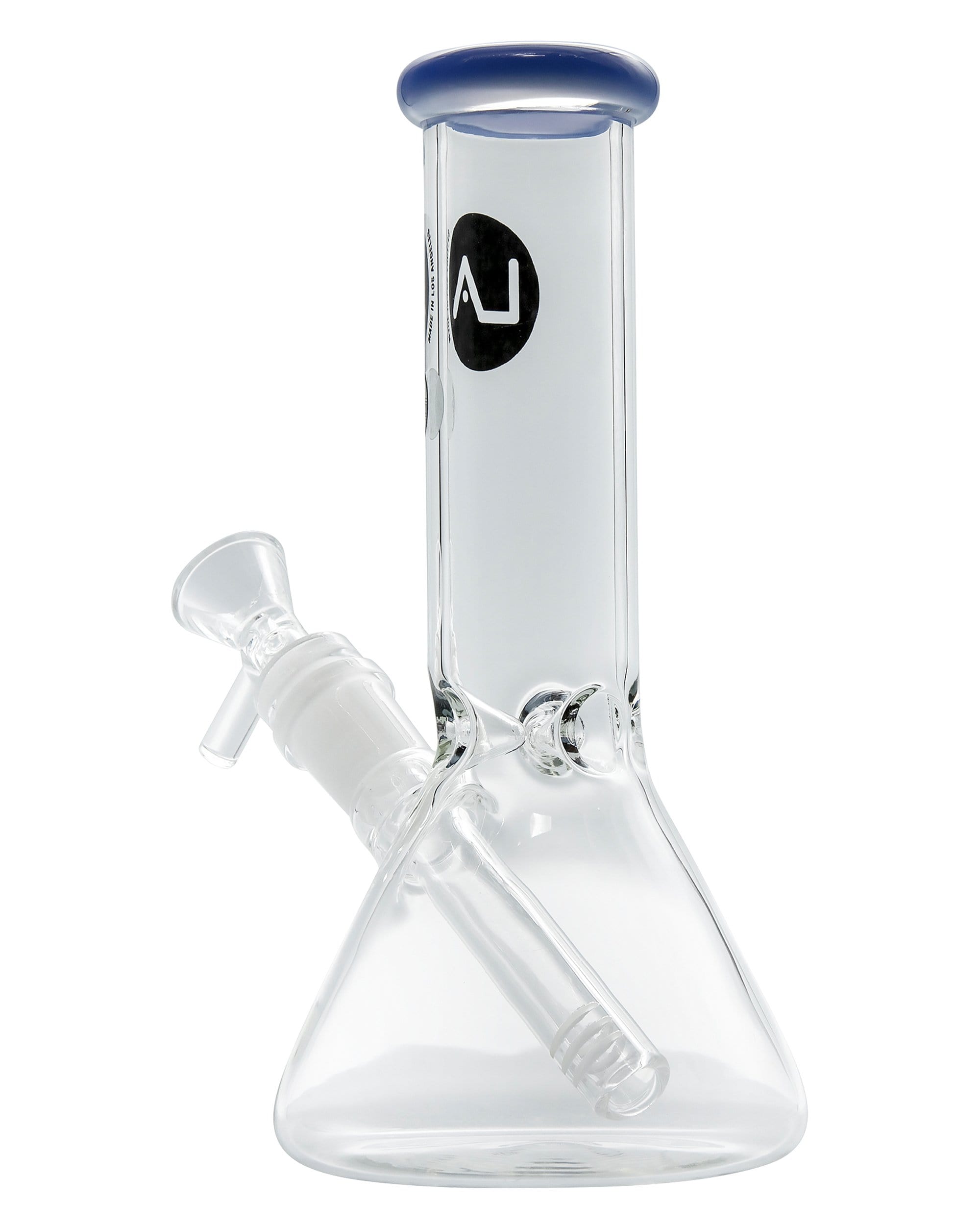 Front view of the Color Accented Mini Beaker Bong, showcasing its clear glass construction and blue accented rim.