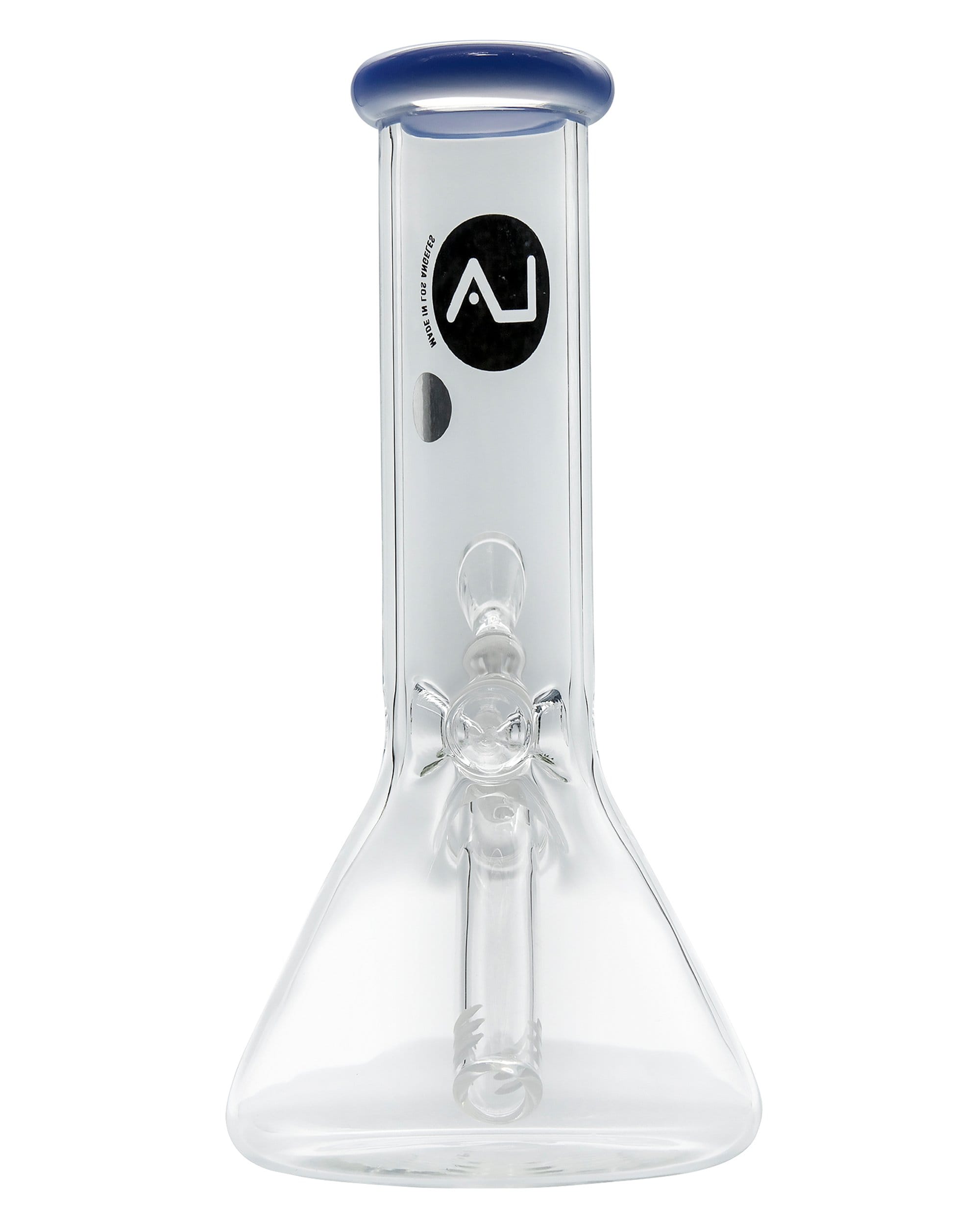 A studio shot of the Color Accented Mini Beaker Bong, featuring a clear glass base and a blue-accented rim, presented at a slight angle.