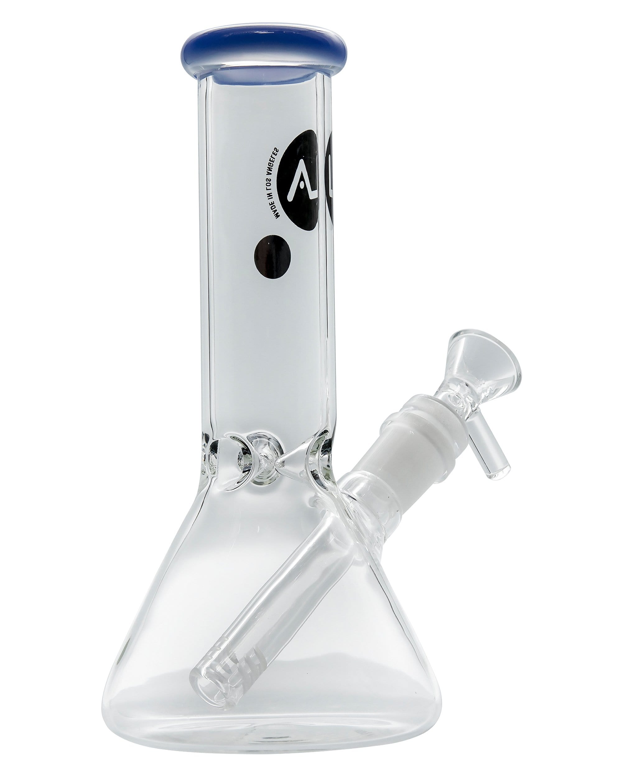 A studio shot of the Color Accented Mini Beaker Bong, showcasing its clear glass construction and simple beaker shape.