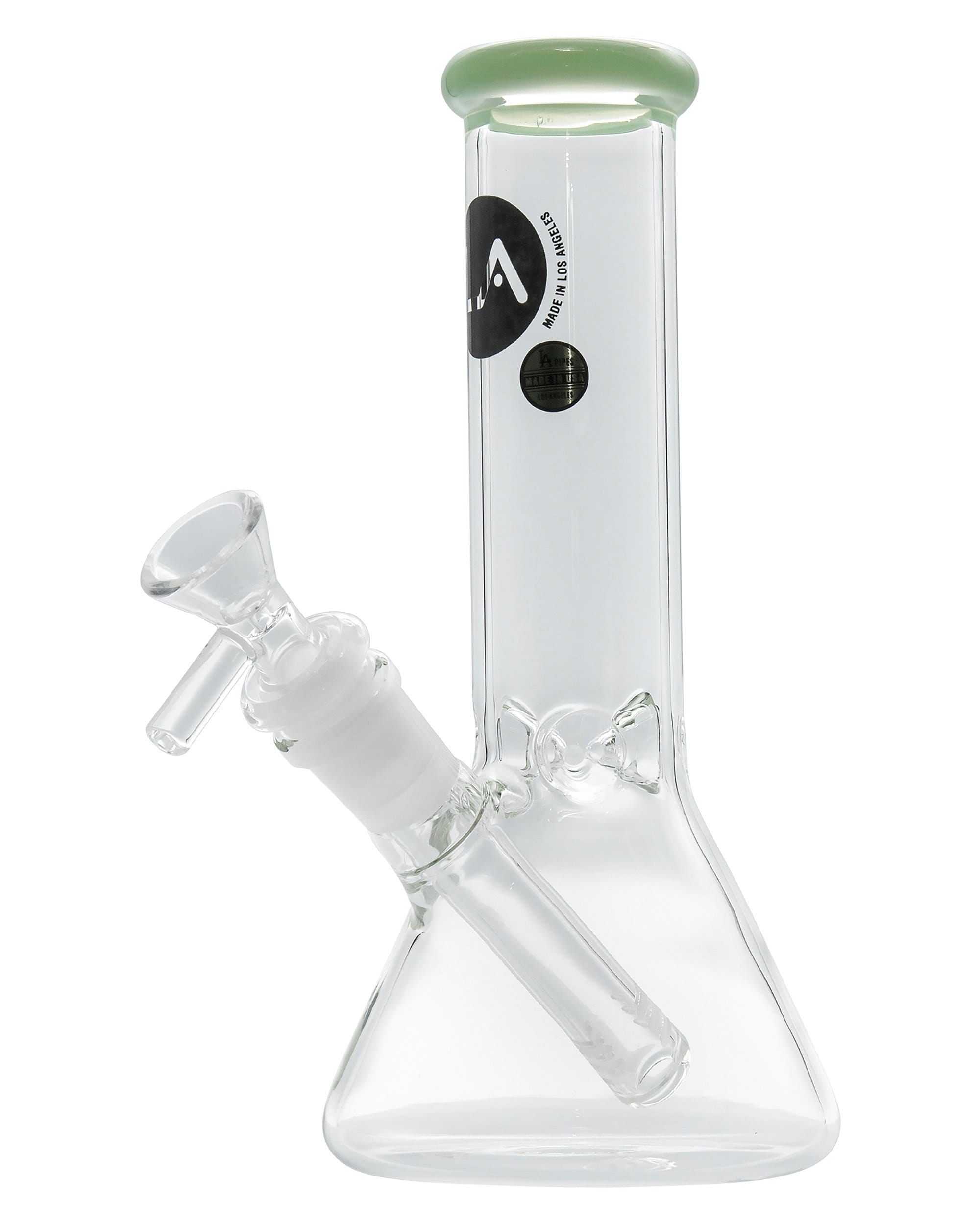 A studio shot presents the Color Accented Mini Beaker Bong, displaying its clear glass construction and simple, cylindrical form.
