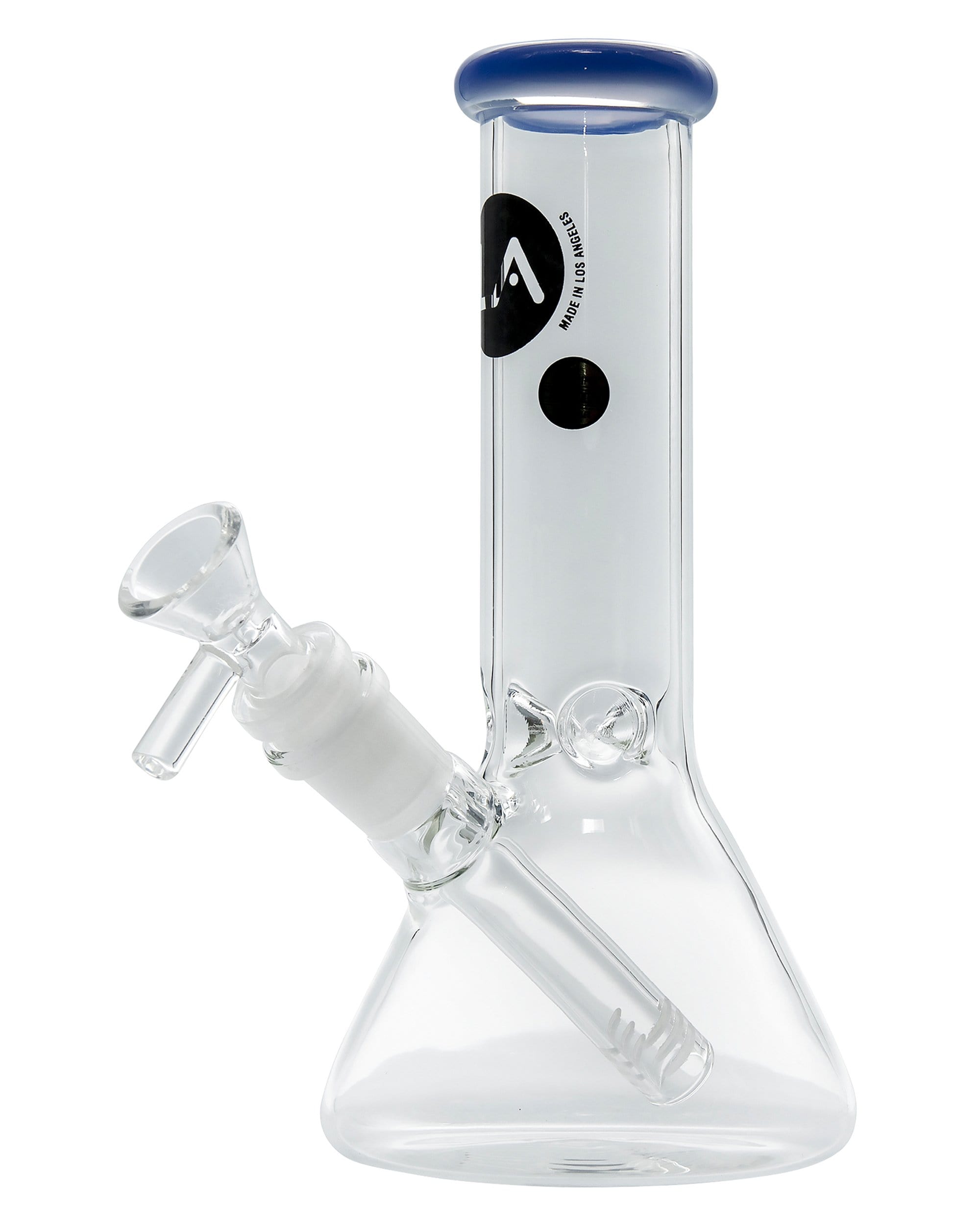 A studio shot of the Color Accented Mini Beaker Bong, showcasing its clear glass construction and blue accent ring.