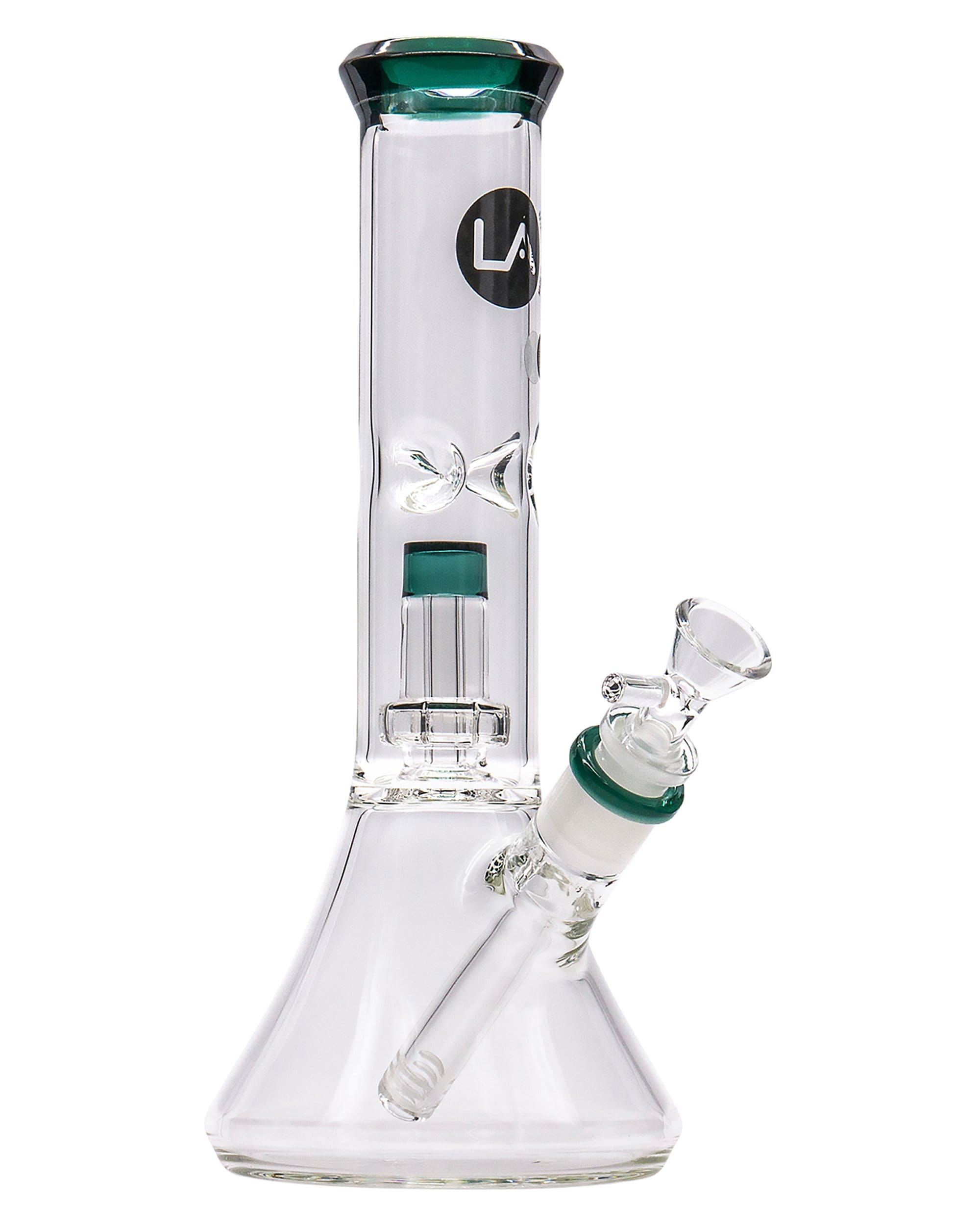 Front view of the Color Accented Showerhead Perc Beaker Bong, showcasing its clear glass construction and unique showerhead perc diffuser.
