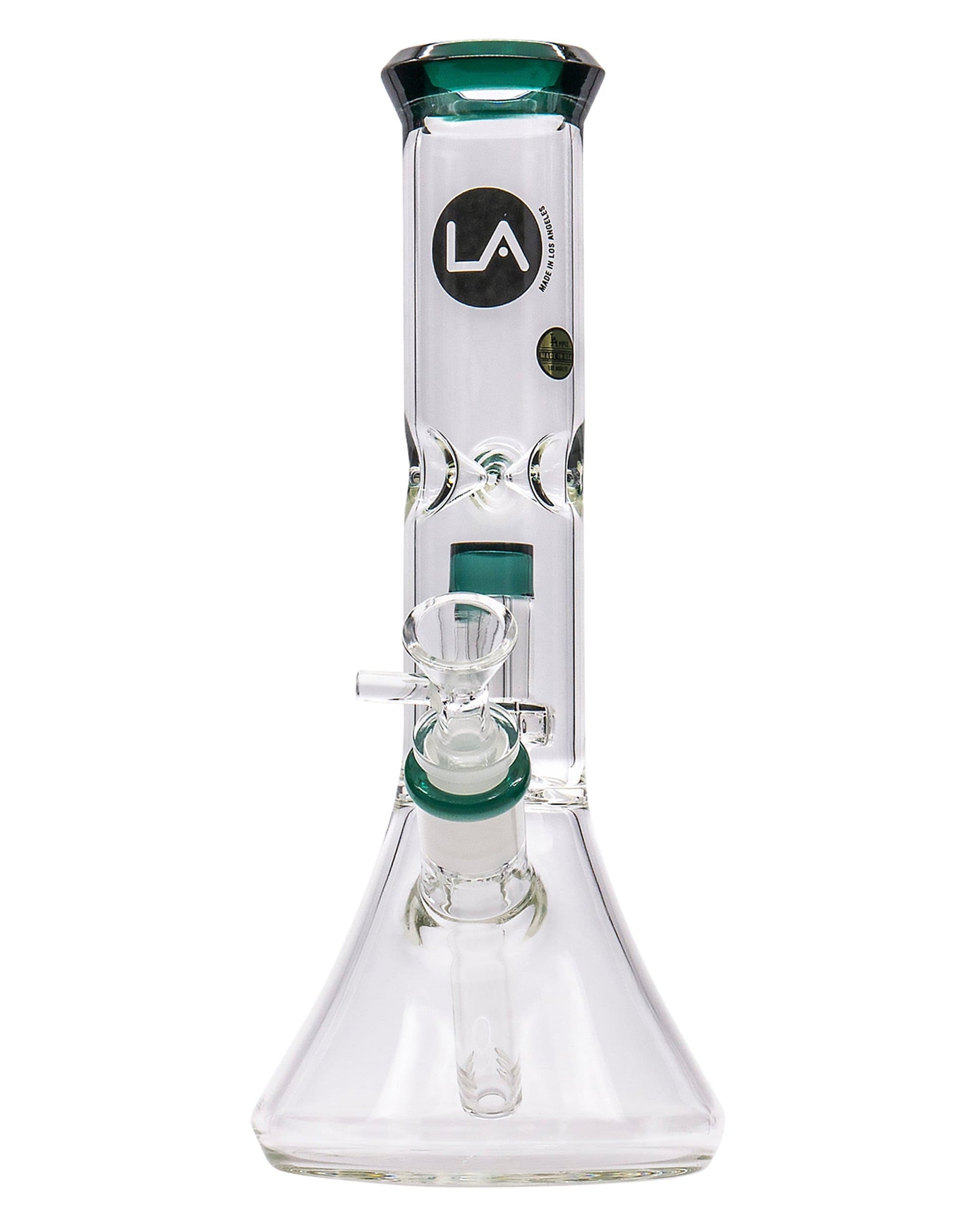 Front view of the Color Accented Showerhead Perc Beaker Bong, showcasing its clear glass construction and angled design.