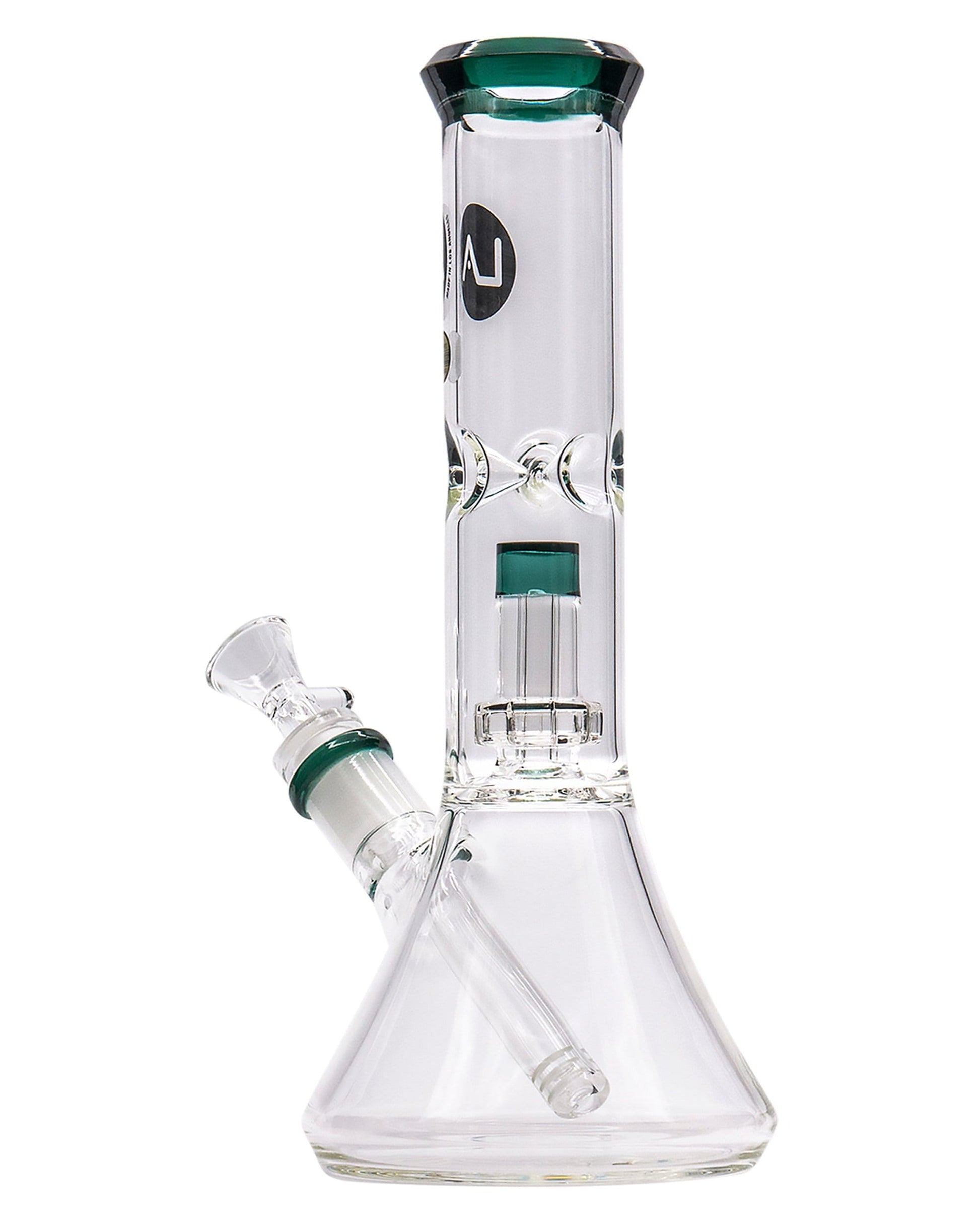 Front view of the Color Accented Showerhead Perc Beaker Bong, showcasing its clear glass construction and showerhead perc diffuser.