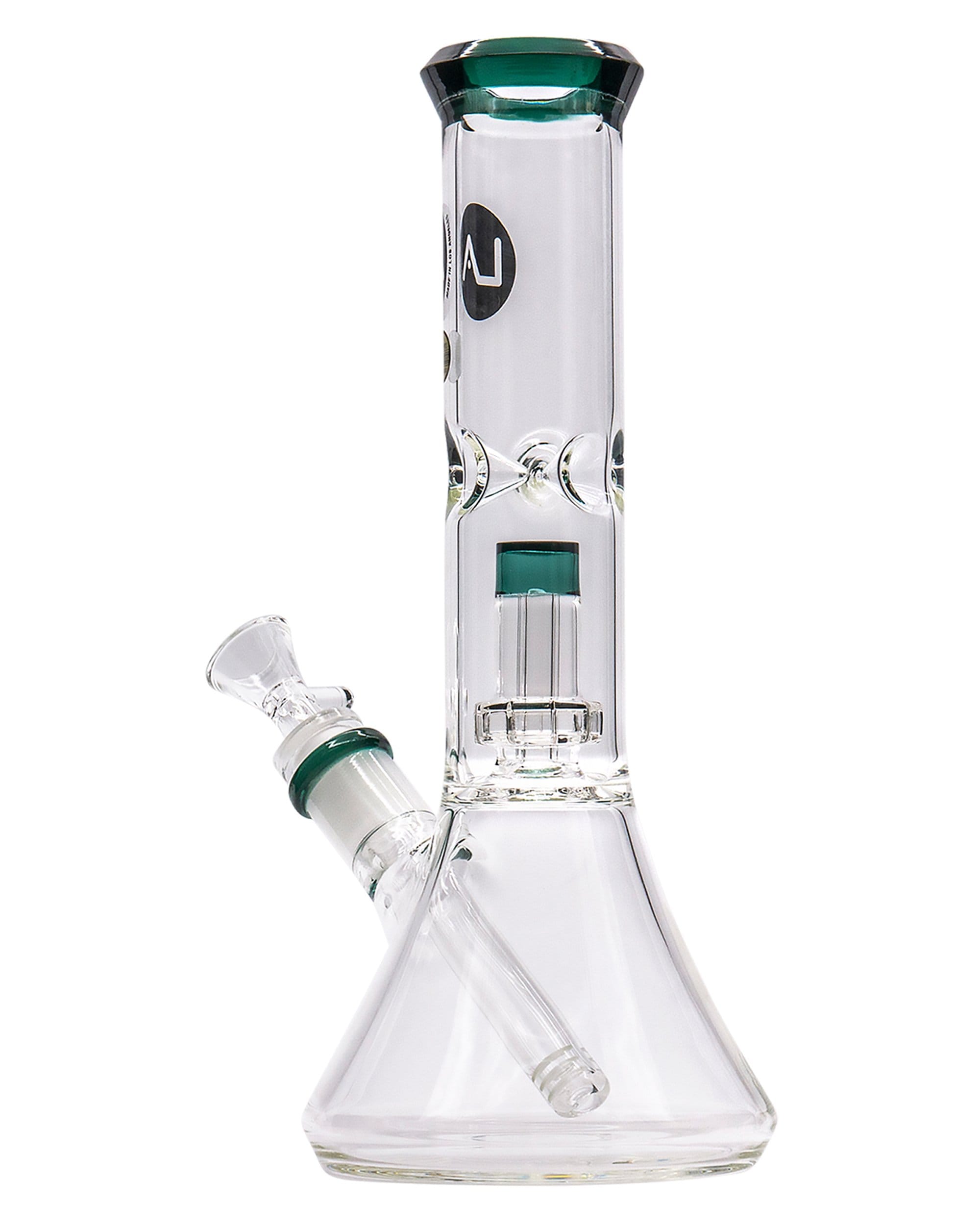 Front view of the Color Accented Showerhead Perc Beaker Bong, showcasing its clear glass construction and showerhead perc diffuser.