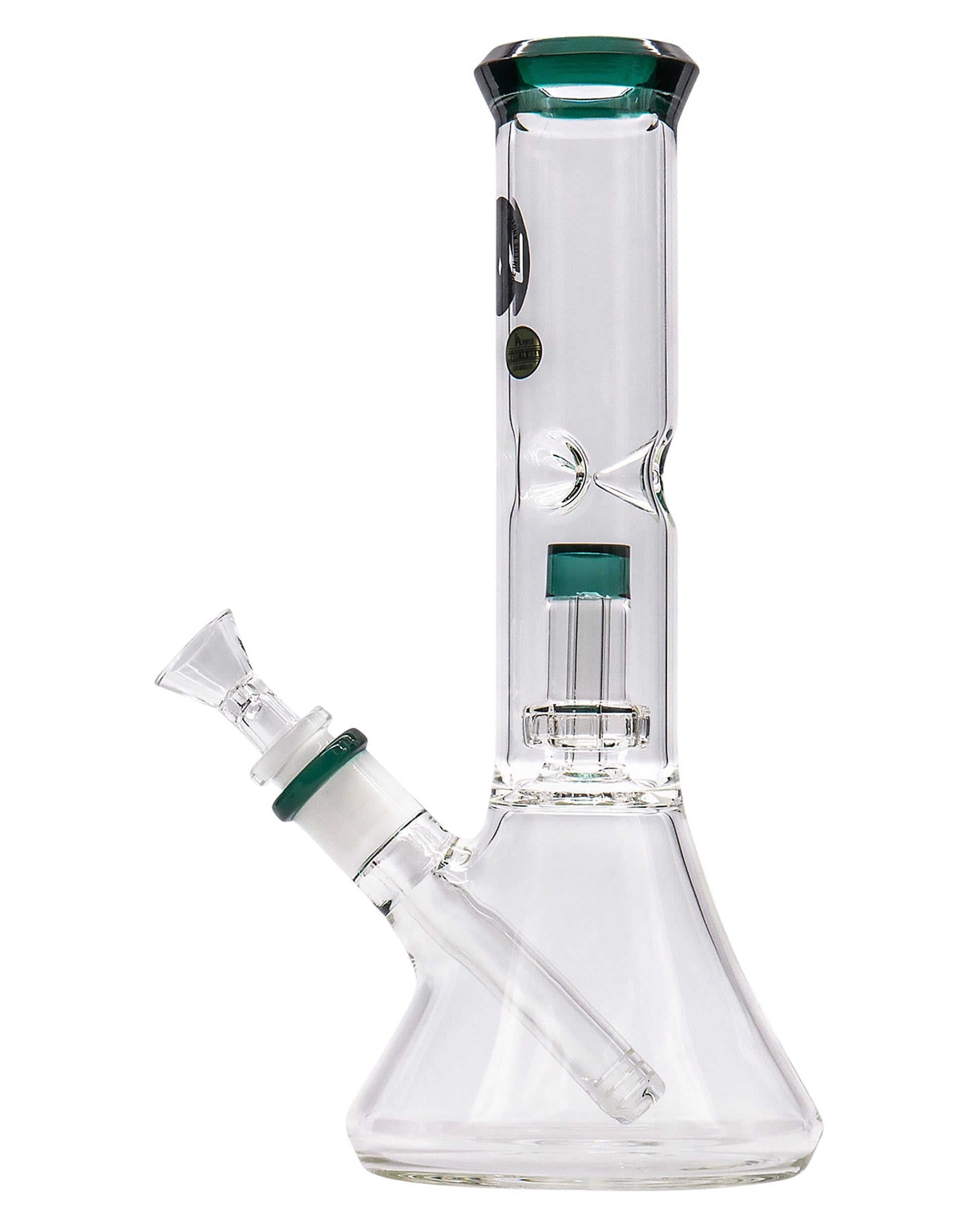 Front view of the Color Accented Showerhead Perc Beaker Bong, showing the clear glass design with a slight curve and visible showerhead perc.