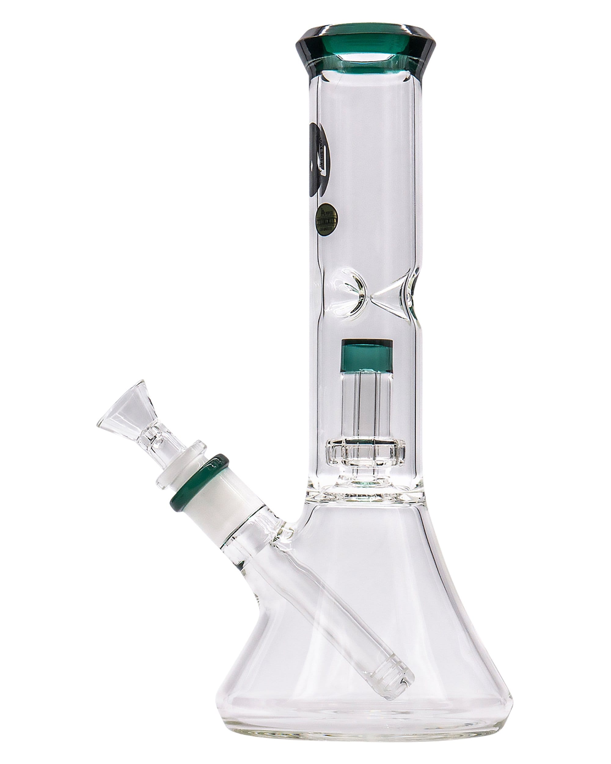 Front view of the Color Accented Showerhead Perc Beaker Bong, showing the clear glass design with a slight curve and visible showerhead perc.