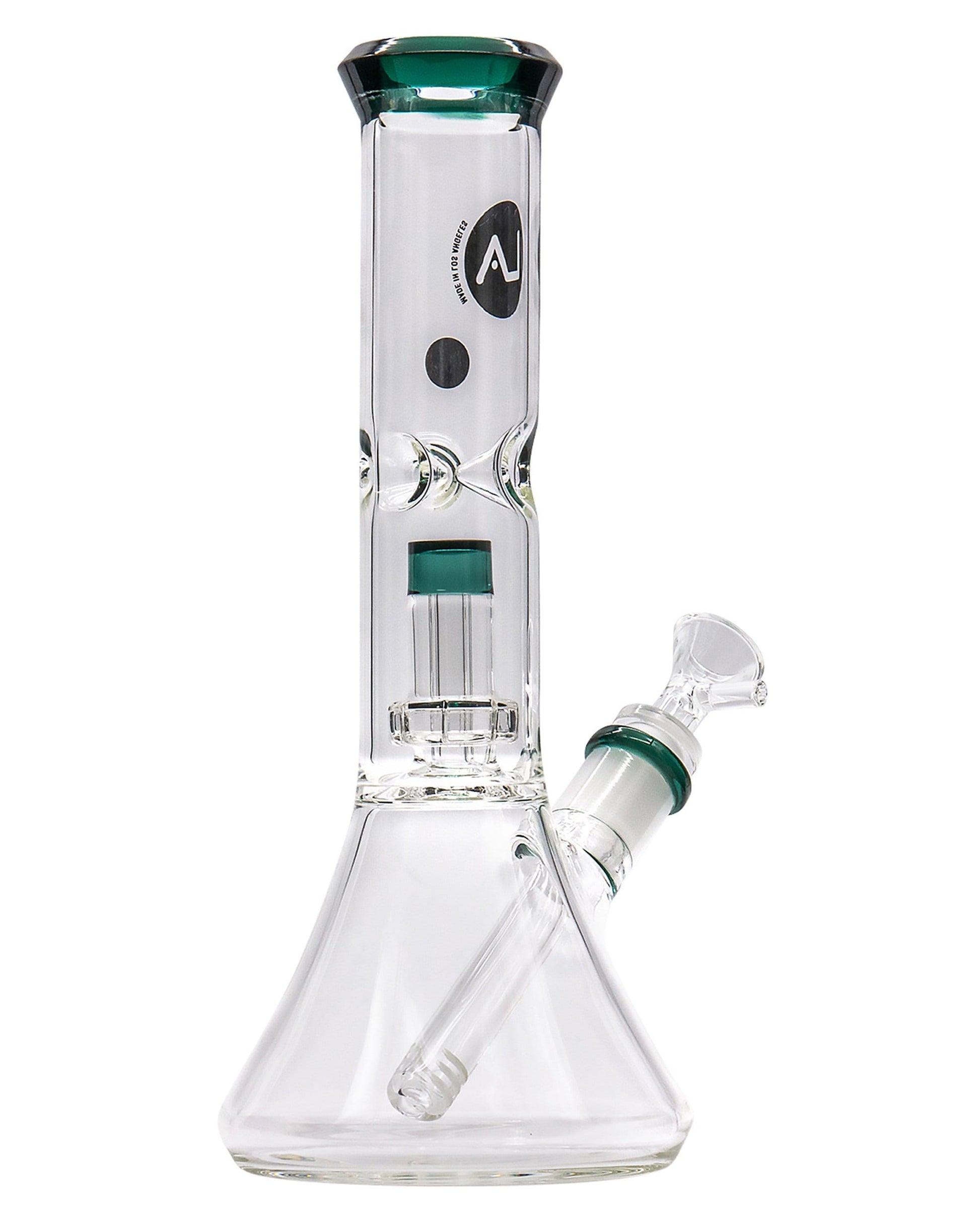 Front view of the Color Accented Showerhead Perc Beaker Bong, showcasing its clear glass construction and accented details.