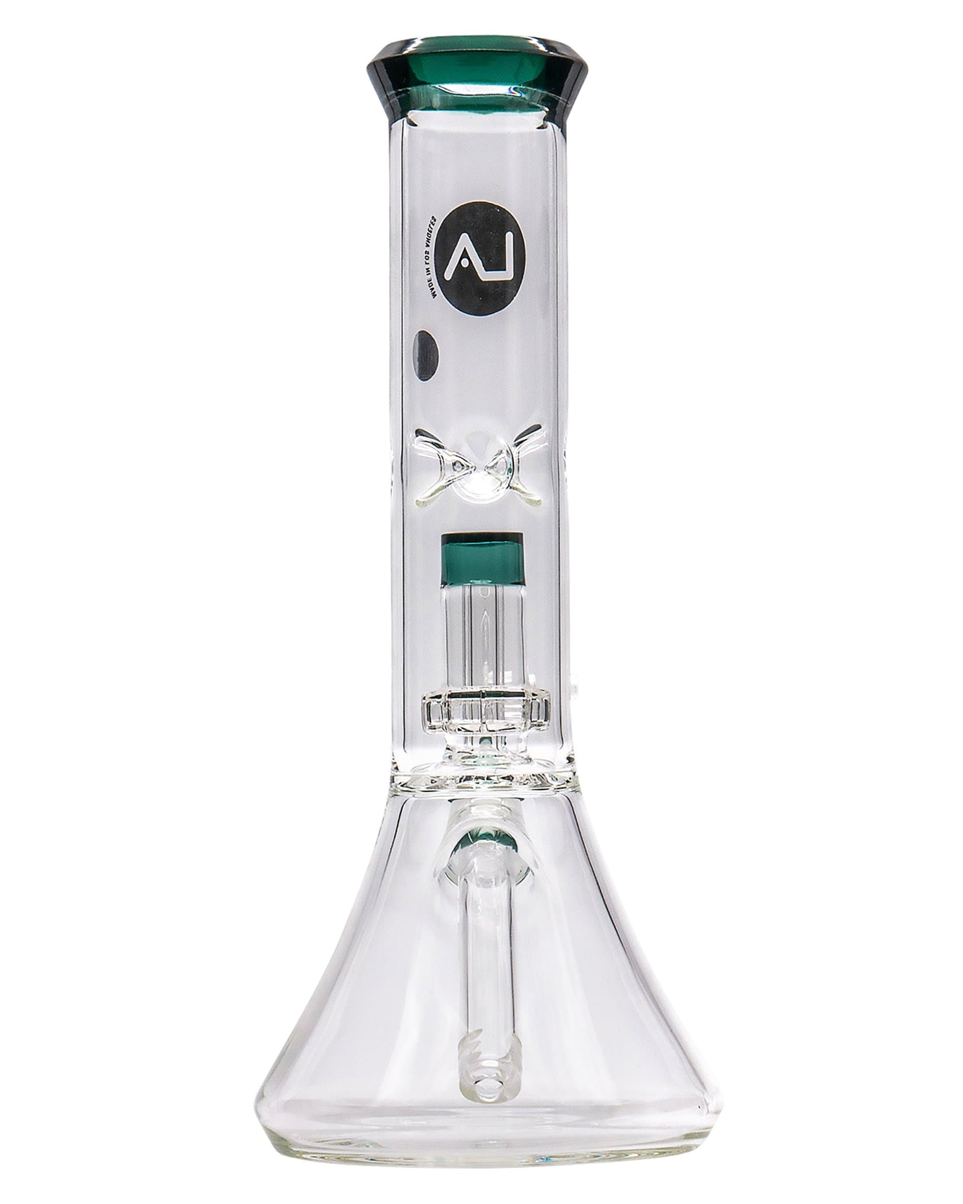 A studio shot of the Color Accented Showerhead Perc Beaker Bong, displaying the clear glass and unique showerhead percolator visible through the water chamber.