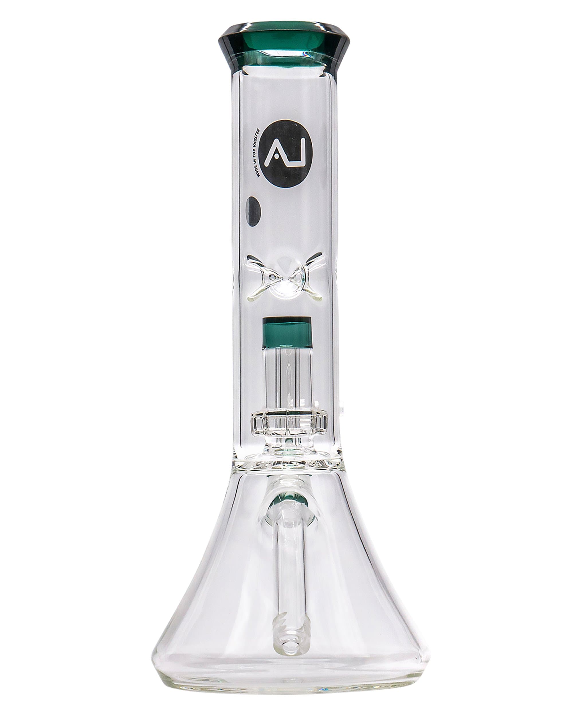 A studio shot of the Color Accented Showerhead Perc Beaker Bong, displaying the clear glass and unique showerhead percolator visible through the water chamber.