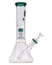 Front view of the Color Accented Showerhead Perc Beaker Bong, highlighting its clear glass construction and angled showerhead perc diffuser.