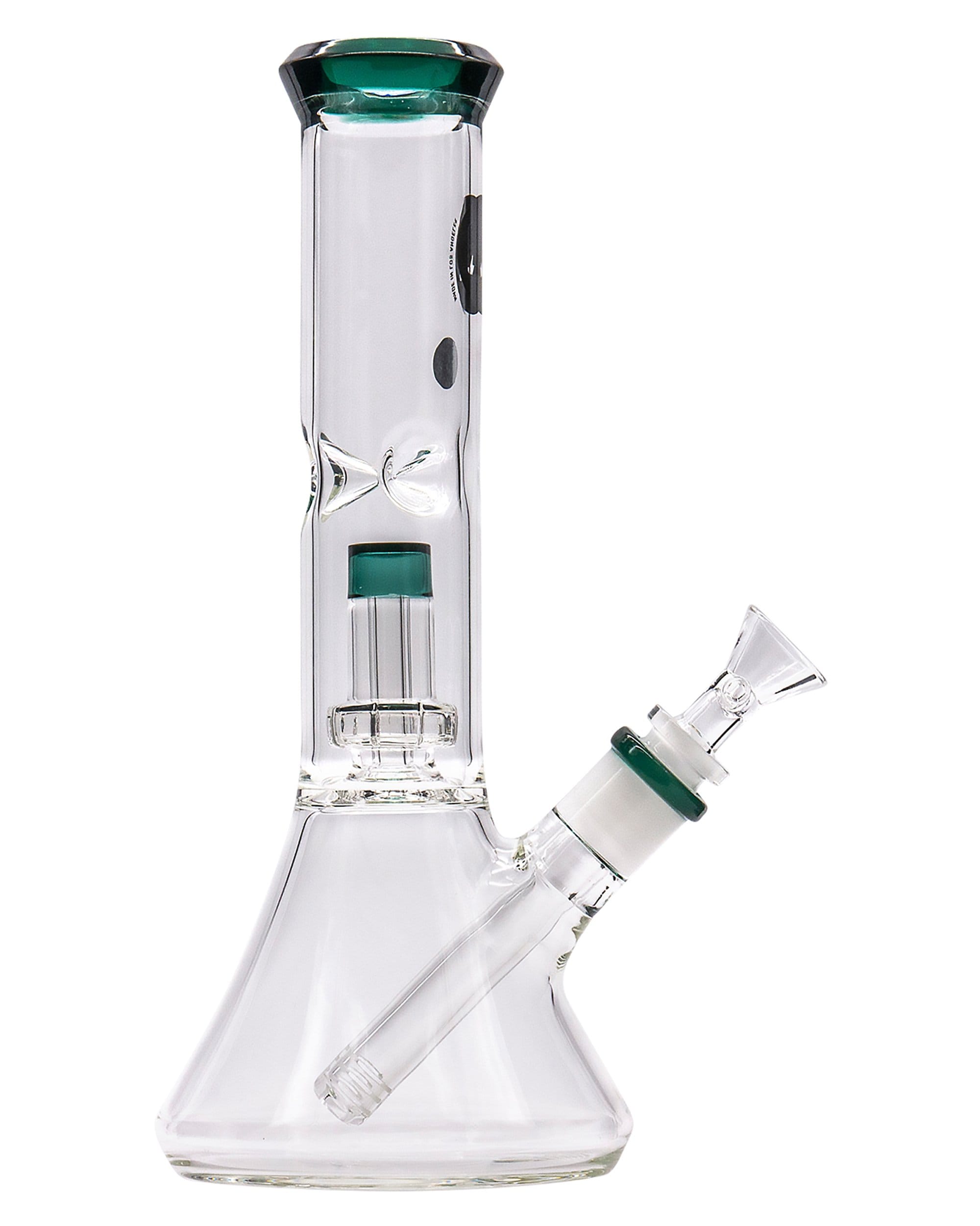 Front view of the Color Accented Showerhead Perc Beaker Bong, highlighting its clear glass construction and angled showerhead perc diffuser.