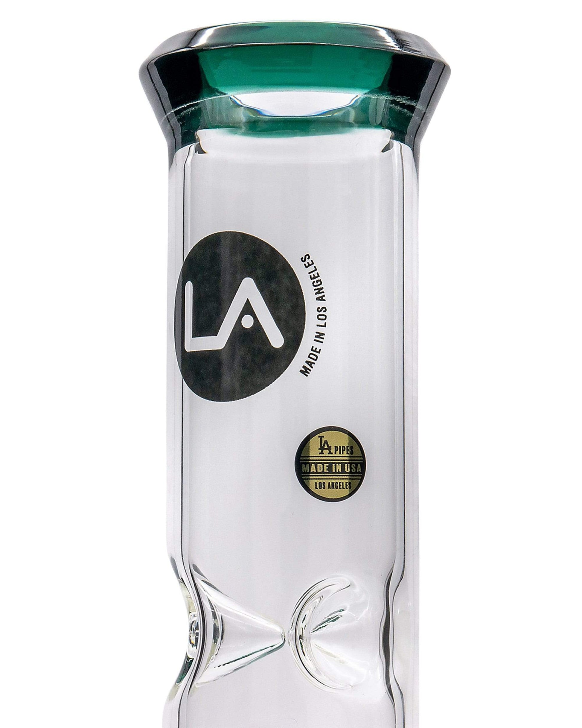 Front view of the Color Accented Showerhead Perc Beaker Bong, showcasing a clear glass piece with a colorful accent rim.