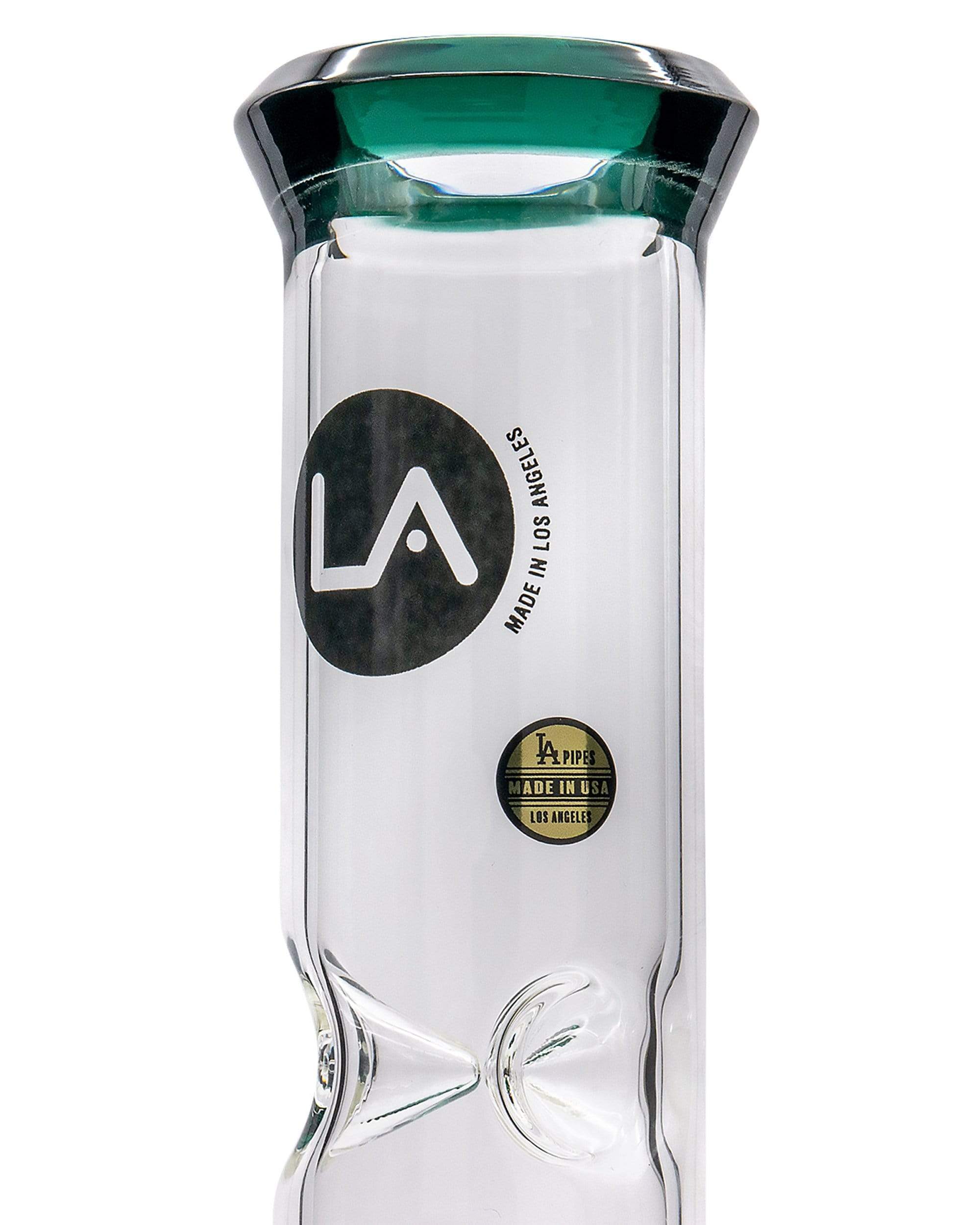Front view of the Color Accented Showerhead Perc Beaker Bong, showcasing a clear glass piece with a colorful accent rim.