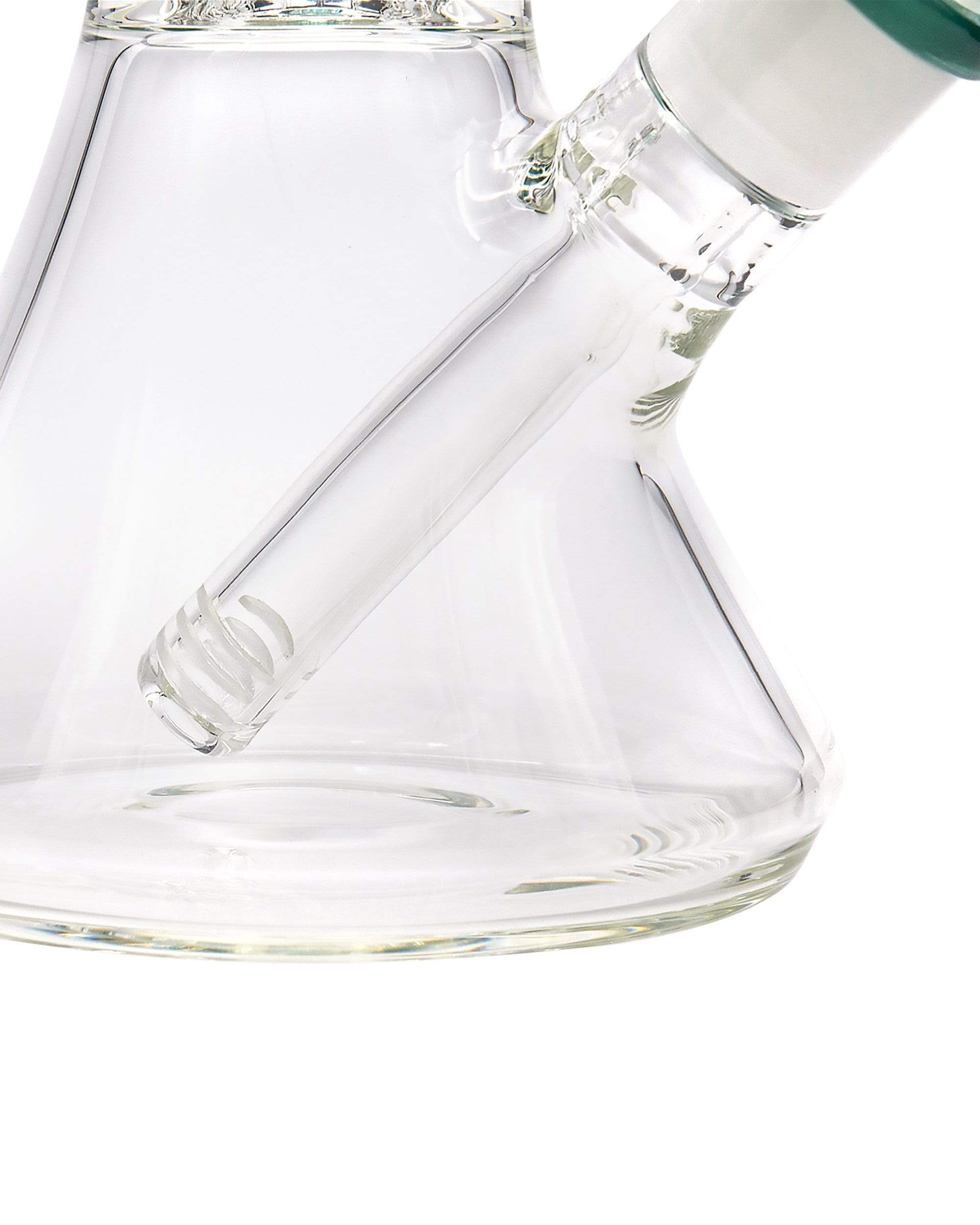 A close-up, angled view of the Color Accented Showerhead Perc Beaker Bong, showcasing its clear glass construction.