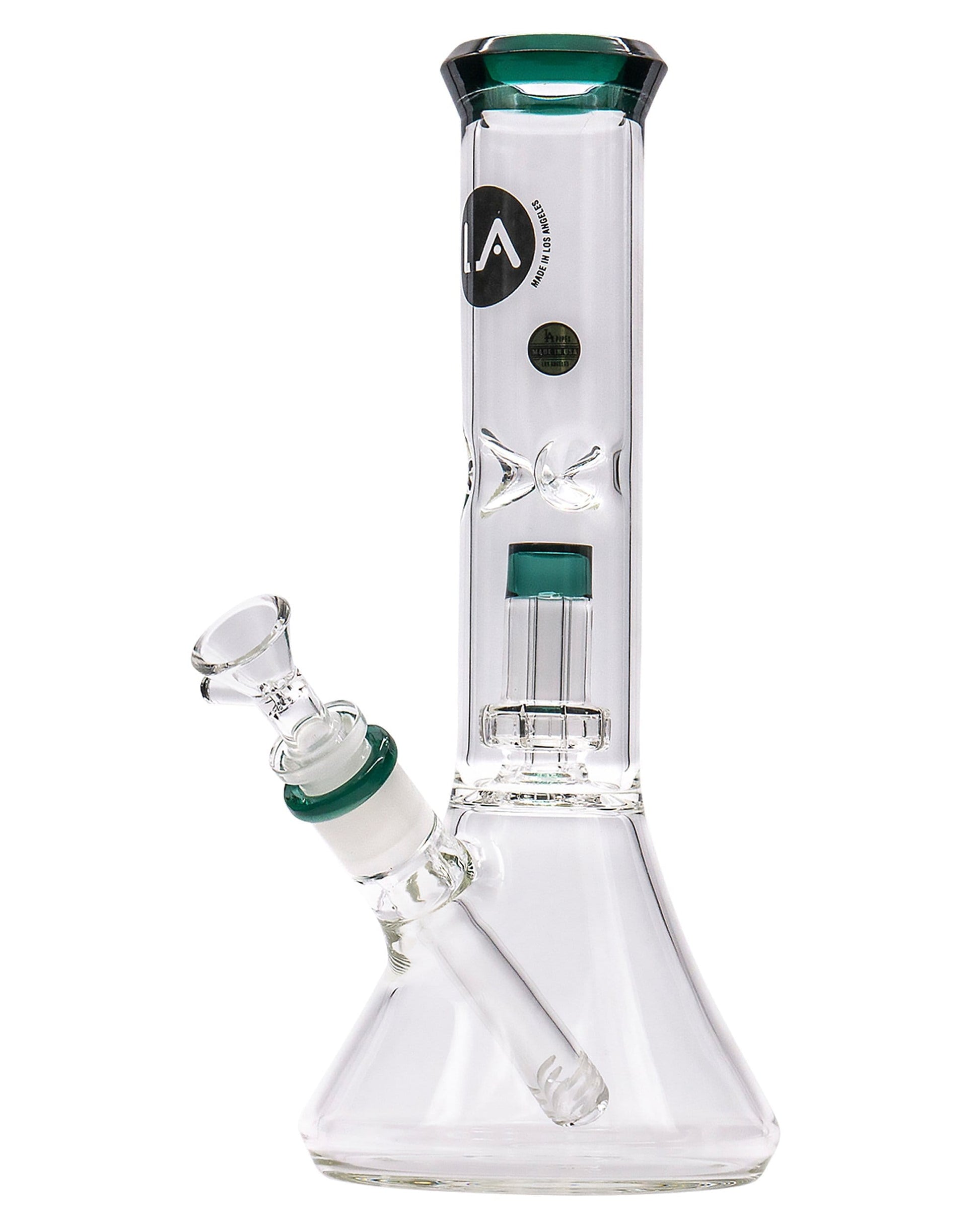 A studio shot of the Color Accented Showerhead Perc Beaker Bong, displaying its clear glass construction and showerhead percolator.