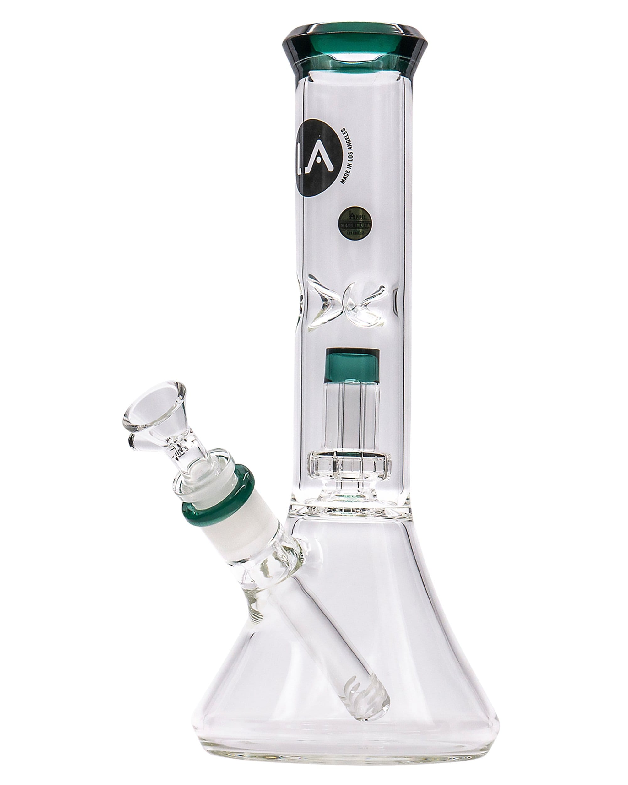 A studio shot of the Color Accented Showerhead Perc Beaker Bong, displaying its clear glass construction and showerhead percolator.