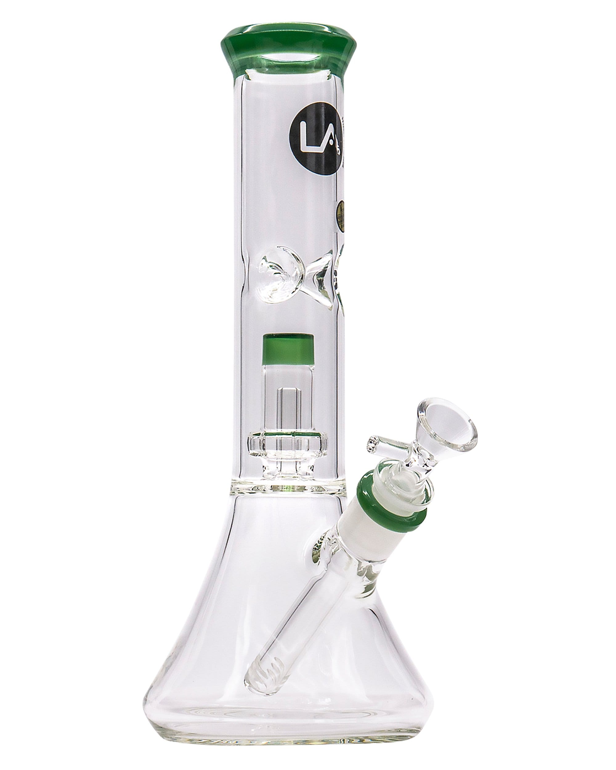 A studio shot of the Color Accented Showerhead Perc Beaker Bong, showcasing its clear glass construction and curved neck design.