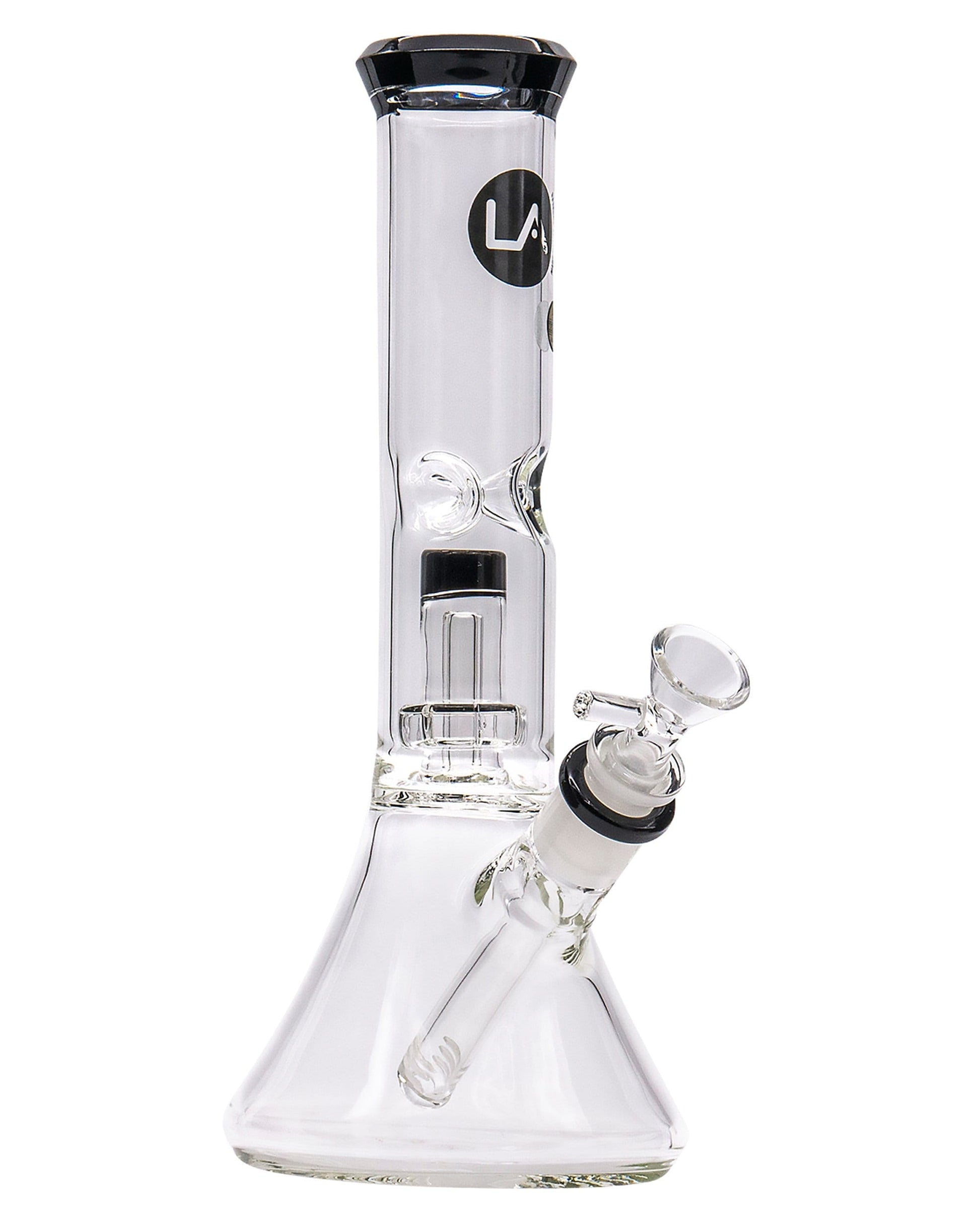 Front view of the Color Accented Showerhead Perc Beaker Bong, showcasing its clear glass construction and unique showerhead percolator.