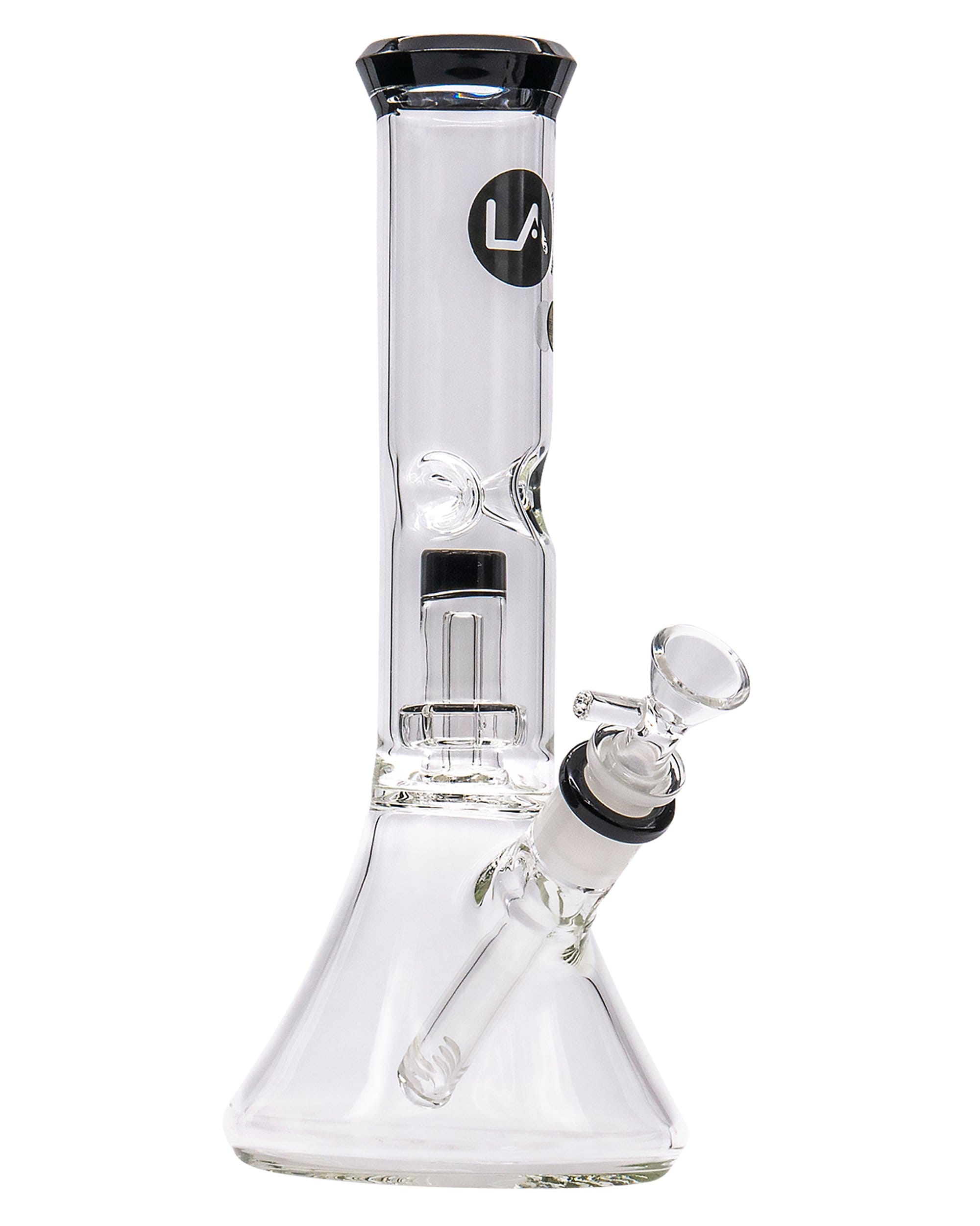 Front view of the Color Accented Showerhead Perc Beaker Bong, showcasing its clear glass construction and unique showerhead percolator.