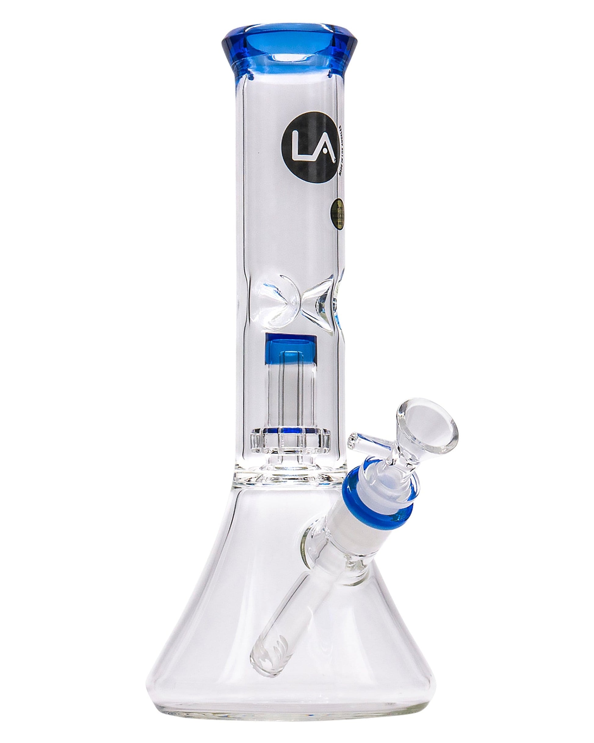 Front view of the Color Accented Showerhead Perc Beaker Bong, showcasing its clear glass construction and blue accent details.