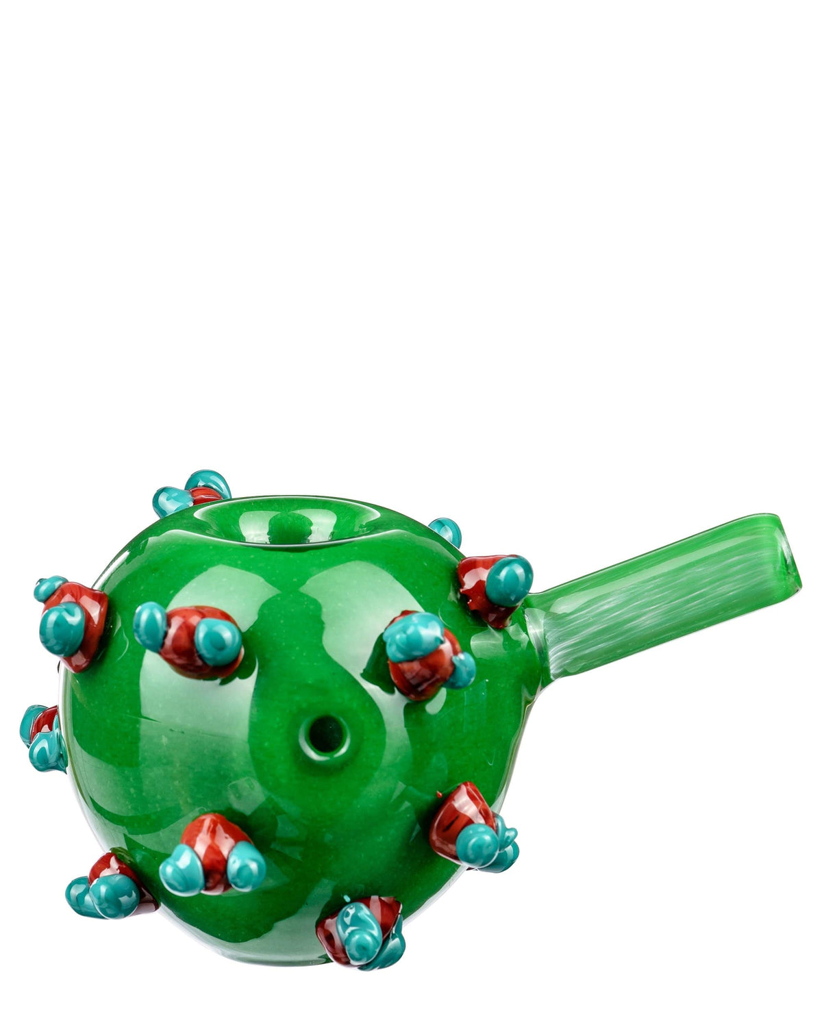 Front view of “The COVID Kid” hand pipe, a green glass piece with red and blue raised details resembling a virus.