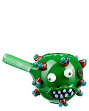 A studio shot of “The COVID Kid” hand pipe, featuring colorful bead-like details on a smooth, sculpted form.
