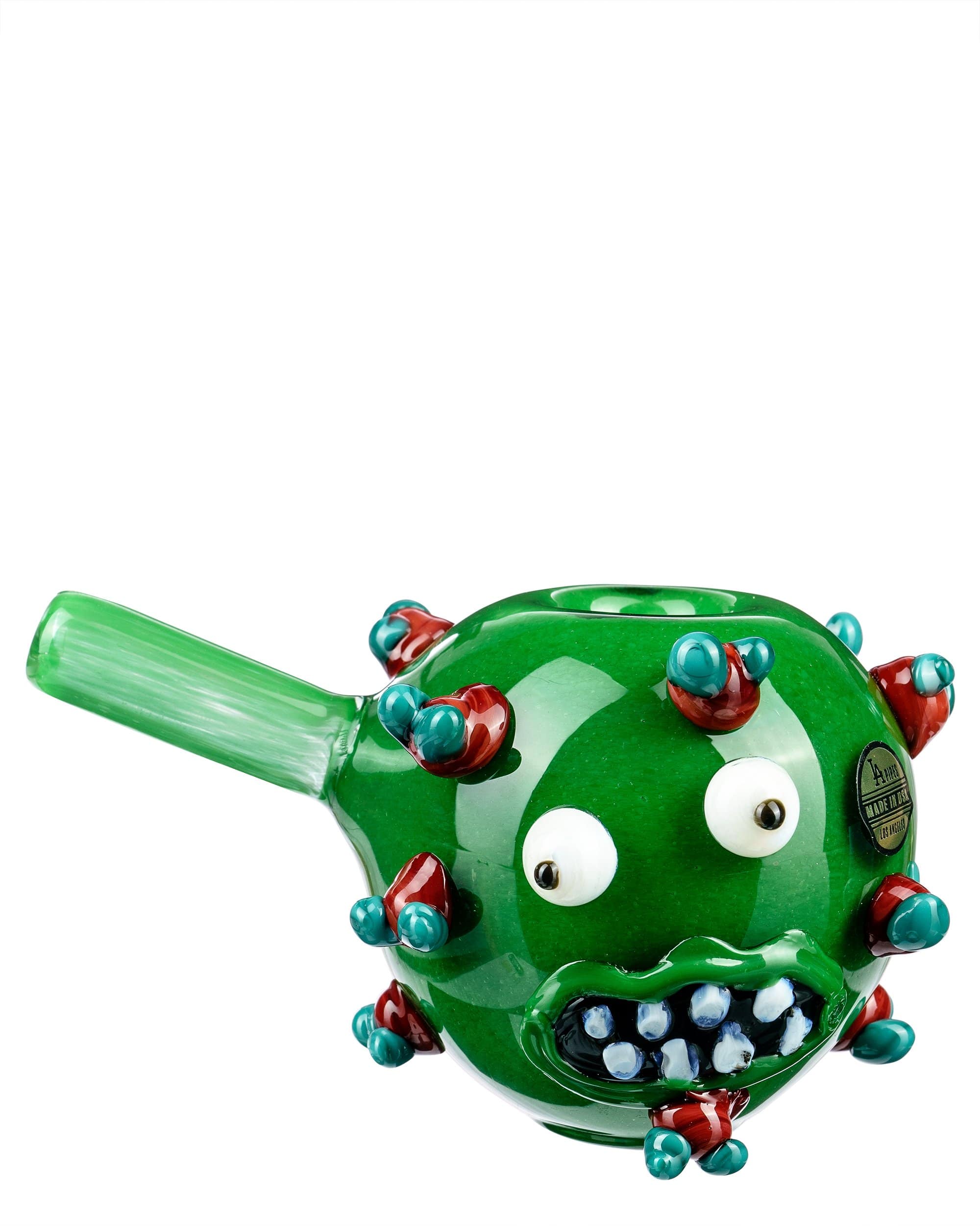 A studio shot of “The COVID Kid” hand pipe, featuring colorful bead-like details on a smooth, sculpted form.