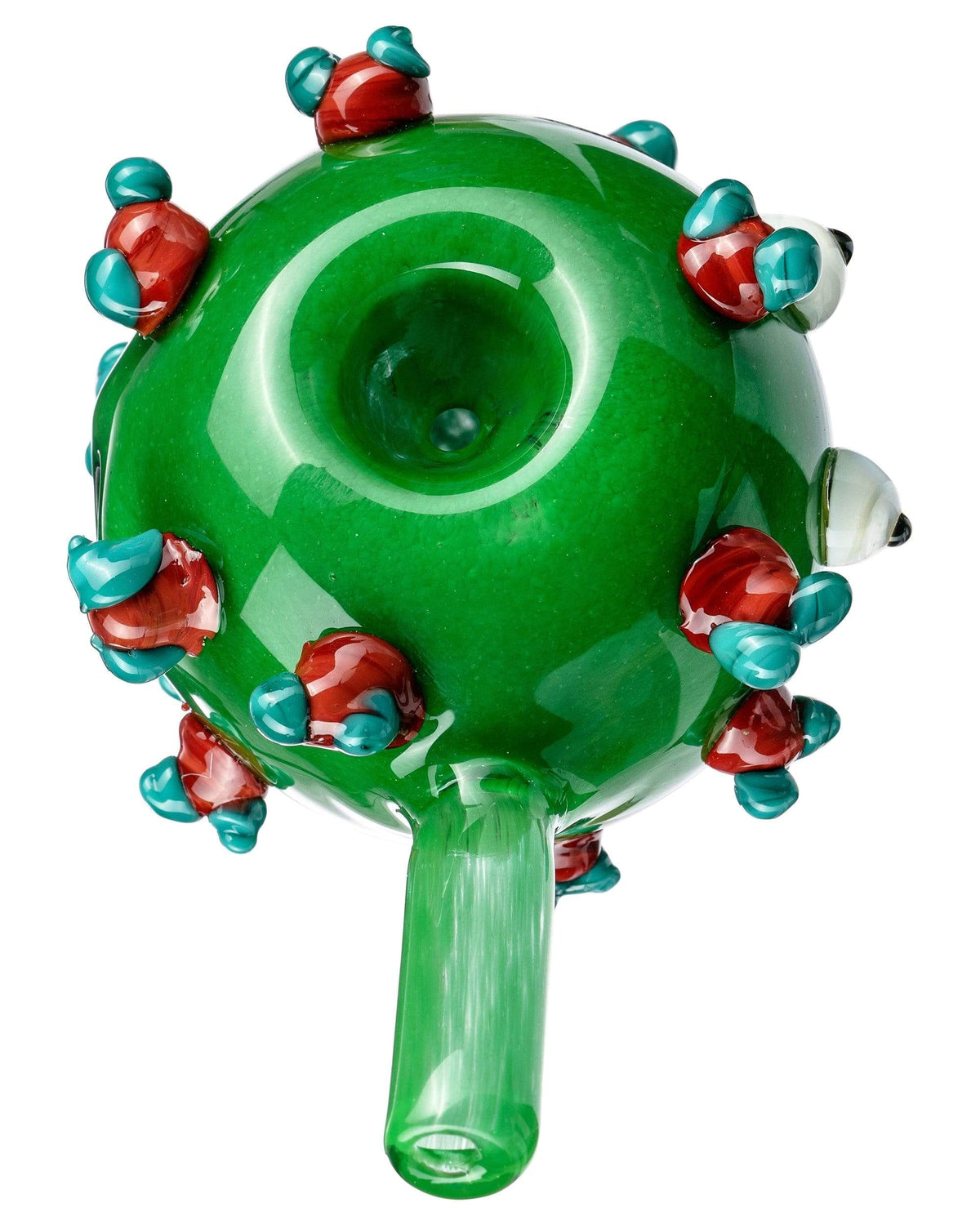 A three-quarter view of “The COVID Kid” hand pipe, a green glass piece with a rounded bowl and textured stem.