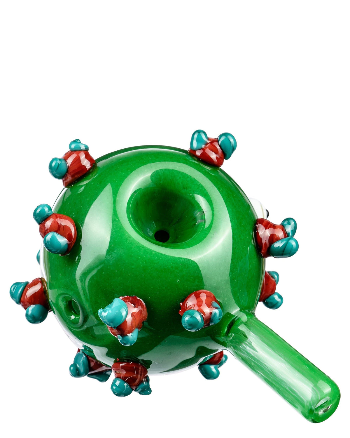 Front view of “The COVID Kid” hand pipe, a green glass piece with colorful, bulb-like accents around the bowl.