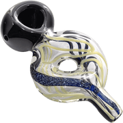 A close-up, angled view of the Dichro Donut Slime Hand Pipe, showcasing its colorful, sculpted glass design.