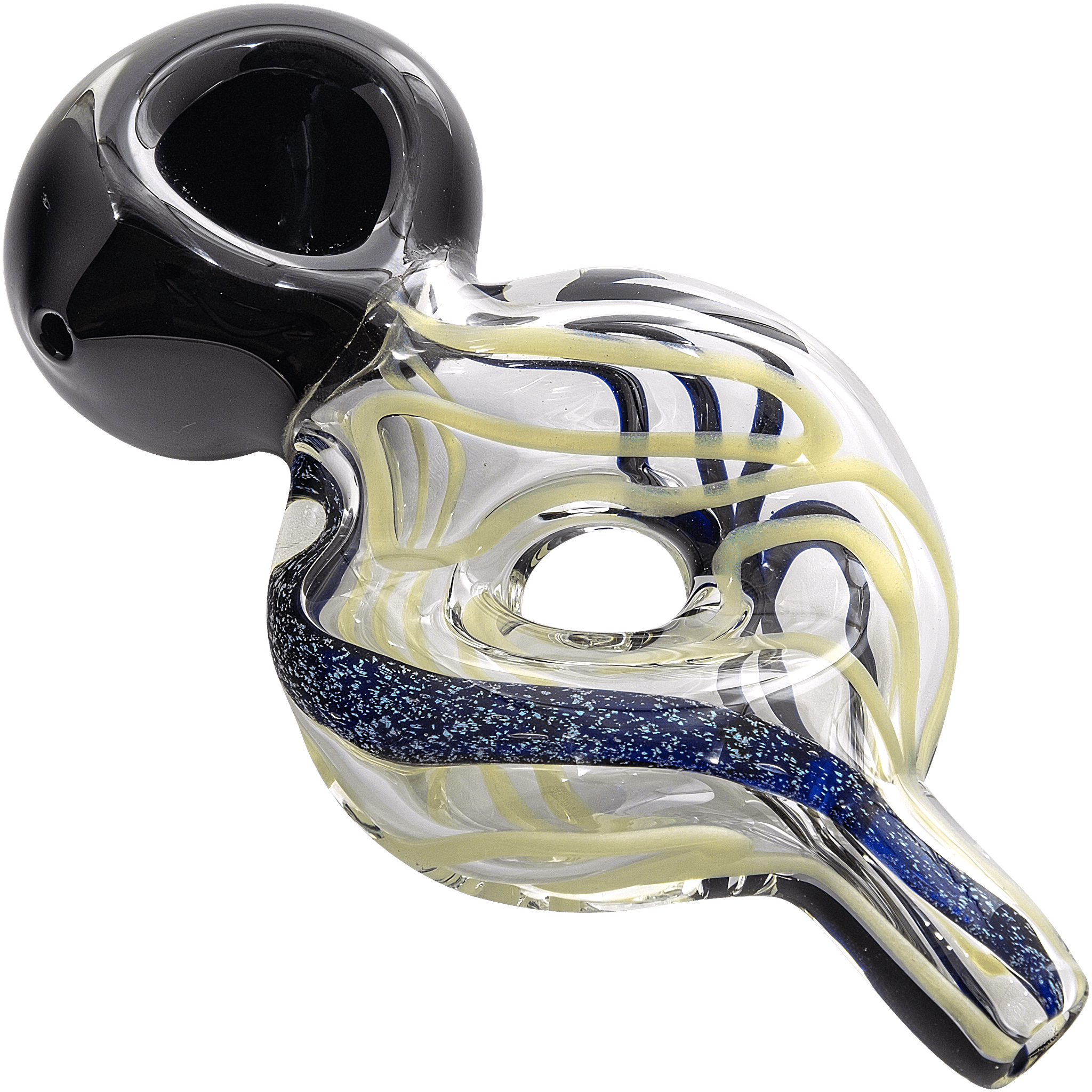 A close-up, angled view of the Dichro Donut Slime Hand Pipe, showcasing its colorful, sculpted glass design.
