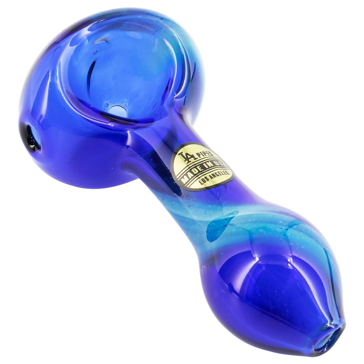 Angled close-up of the LA Pipes Fumed Galaxy Spoon Pipe showing its glossy blue fumed glass bowl and curved stem with a gold "Made in USA" sticker.