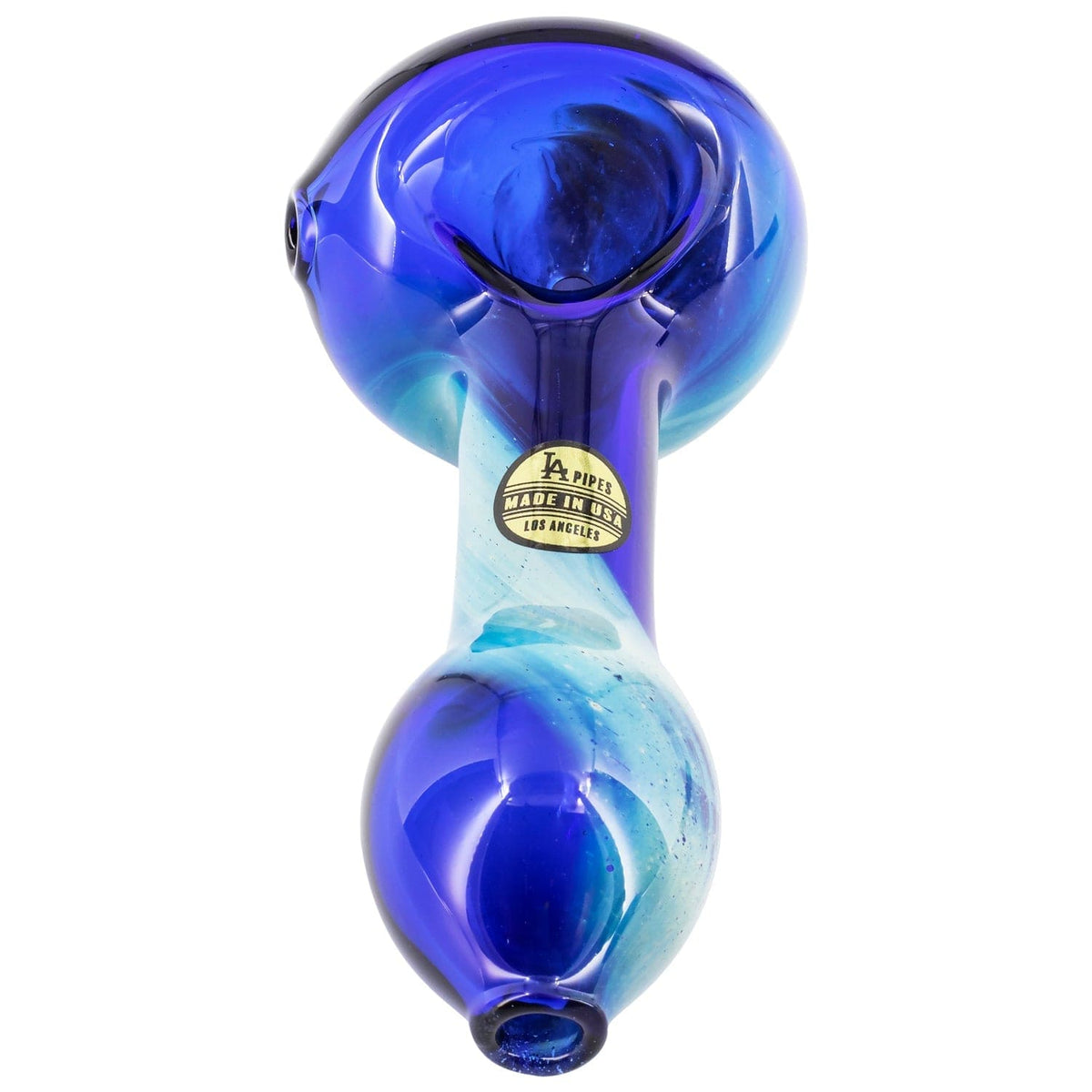 Top-down close-up of the blue LA Pipes Fumed Galaxy Spoon Pipe showing its rounded bowl, swirled aqua accents, and a gold "Made in USA" sticker.