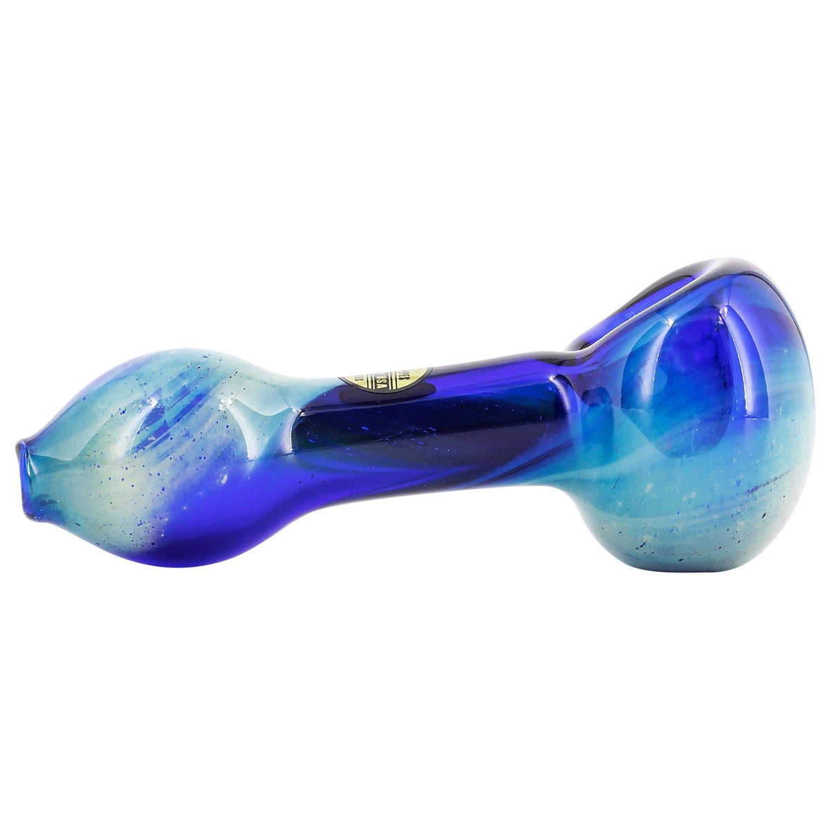 Side view of a shimmering blue-green glass LA Pipes Fumed Galaxy Spoon Pipe shown on a white background highlighting its rounded bowl and curved, elongated mouthpiece.