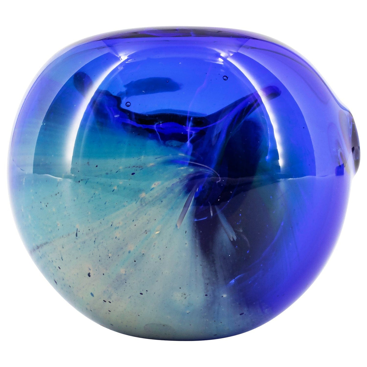 Close-up front view of the LA Pipes Fumed Galaxy Spoon Pipe showing a glossy blue and teal iridescent bowl with swirling glass reflections.