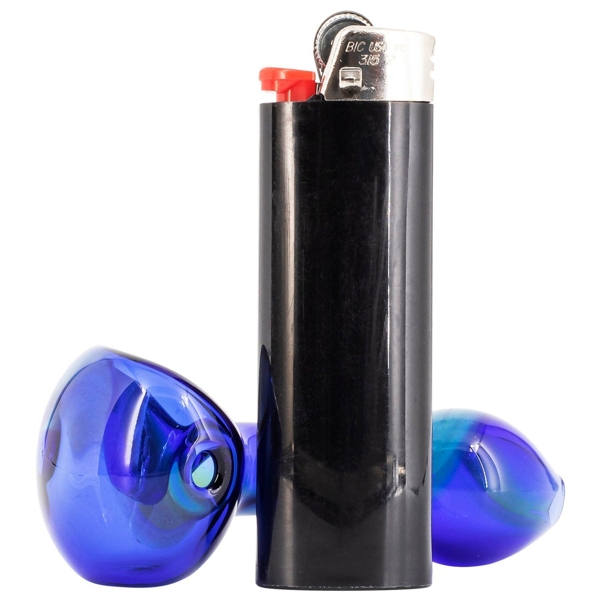 Close-up front view of the LA Pipes Fumed Galaxy Spoon Pipe showing its iridescent blue glass bowls flanking a black lighter on a white background