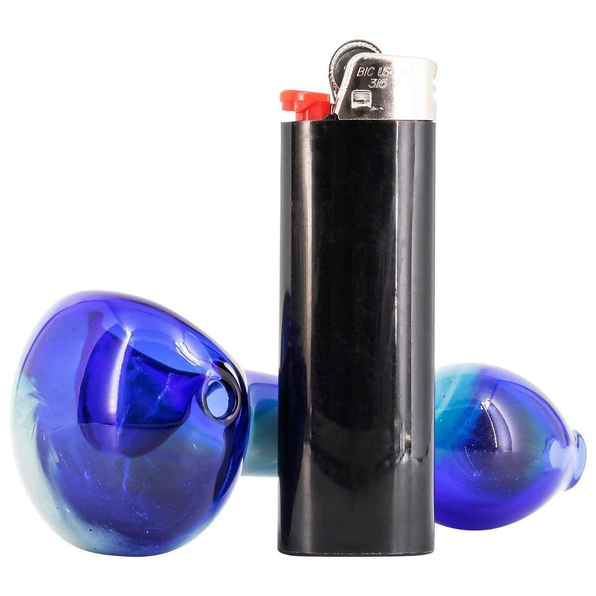 Close-up front view of the LA Pipes Fumed Galaxy Spoon Pipe showing its iridescent blue glass bowl partially visible behind a tall black lighter on a white background.